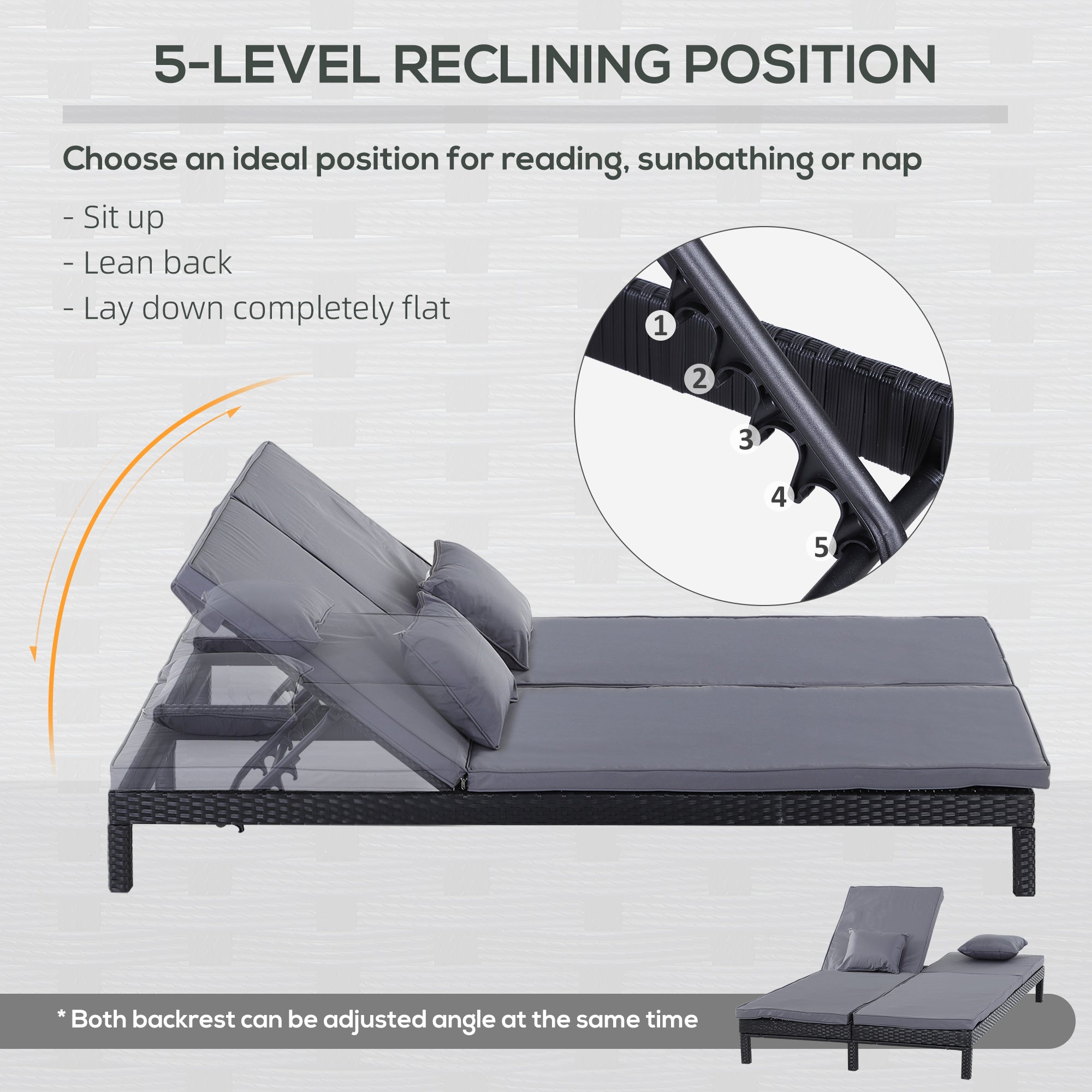 2 Seater Rattan Lounger Double Chaise with Adjustable Backrest and Cushion, Black