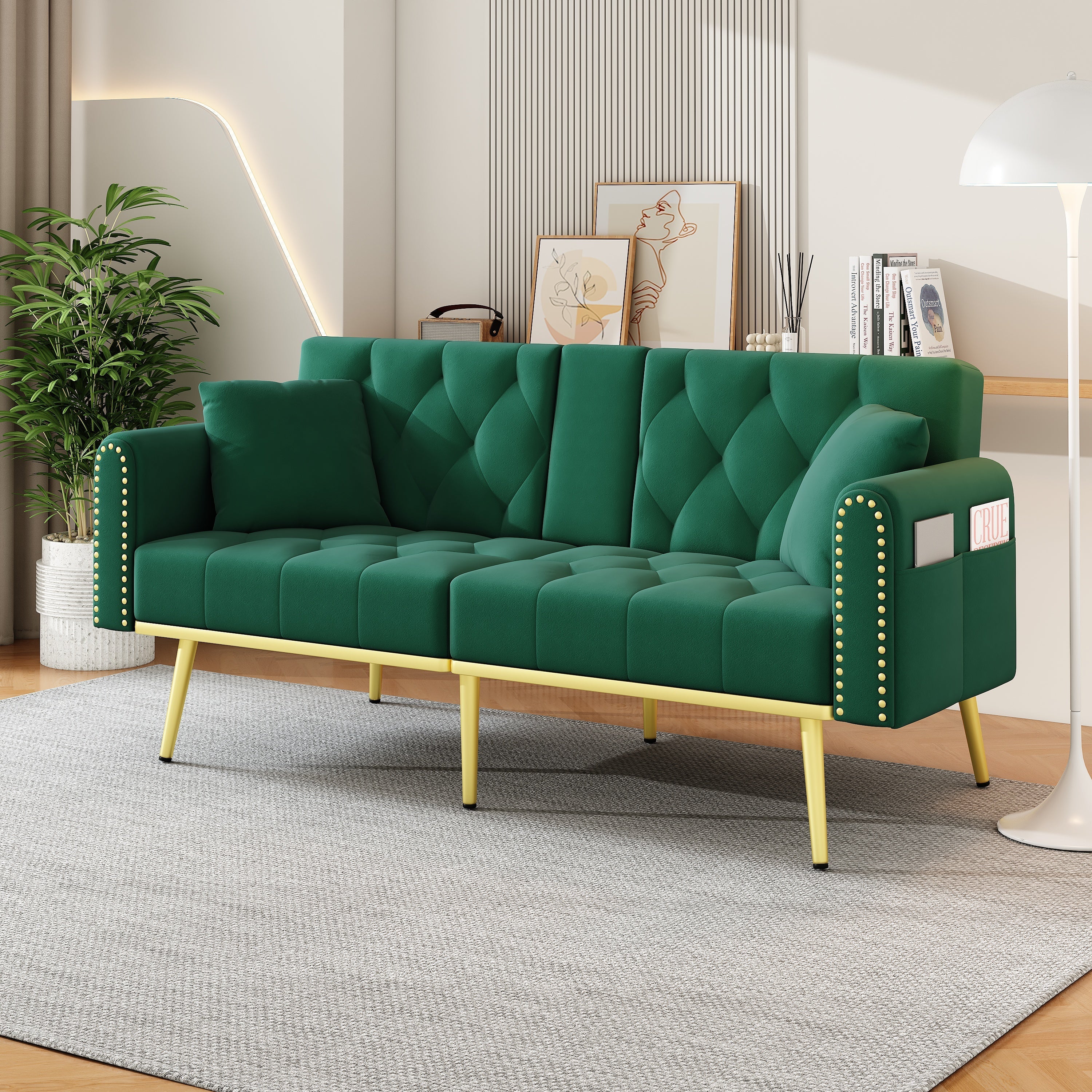 Double Fold-out Sofa Bed Reclining 3-Angle Cup Holders - Fabric Green