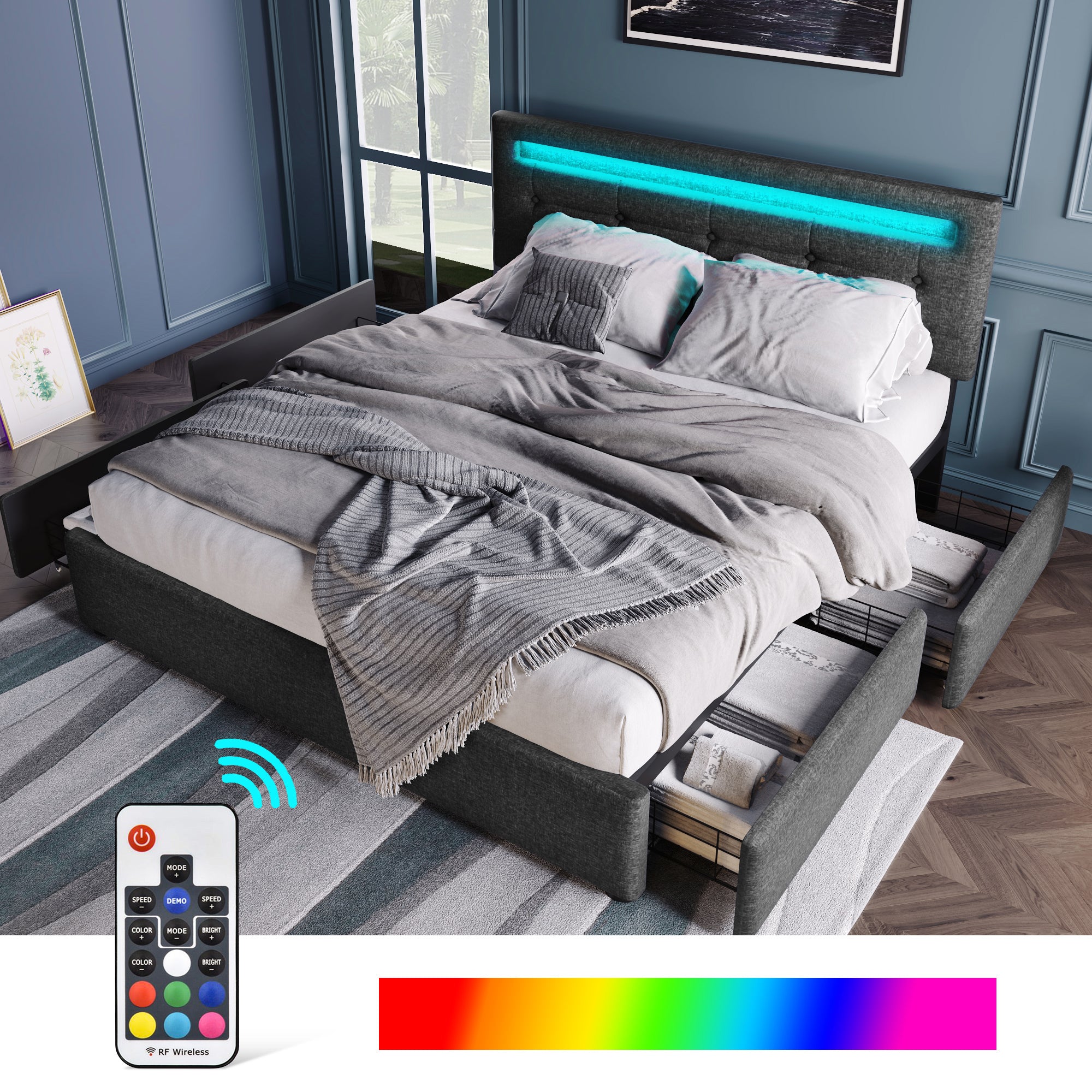 Bed Frame, 140x200cm, LED, 4 Drawers, Adjustable Headboard, Wooden Slats, Grey