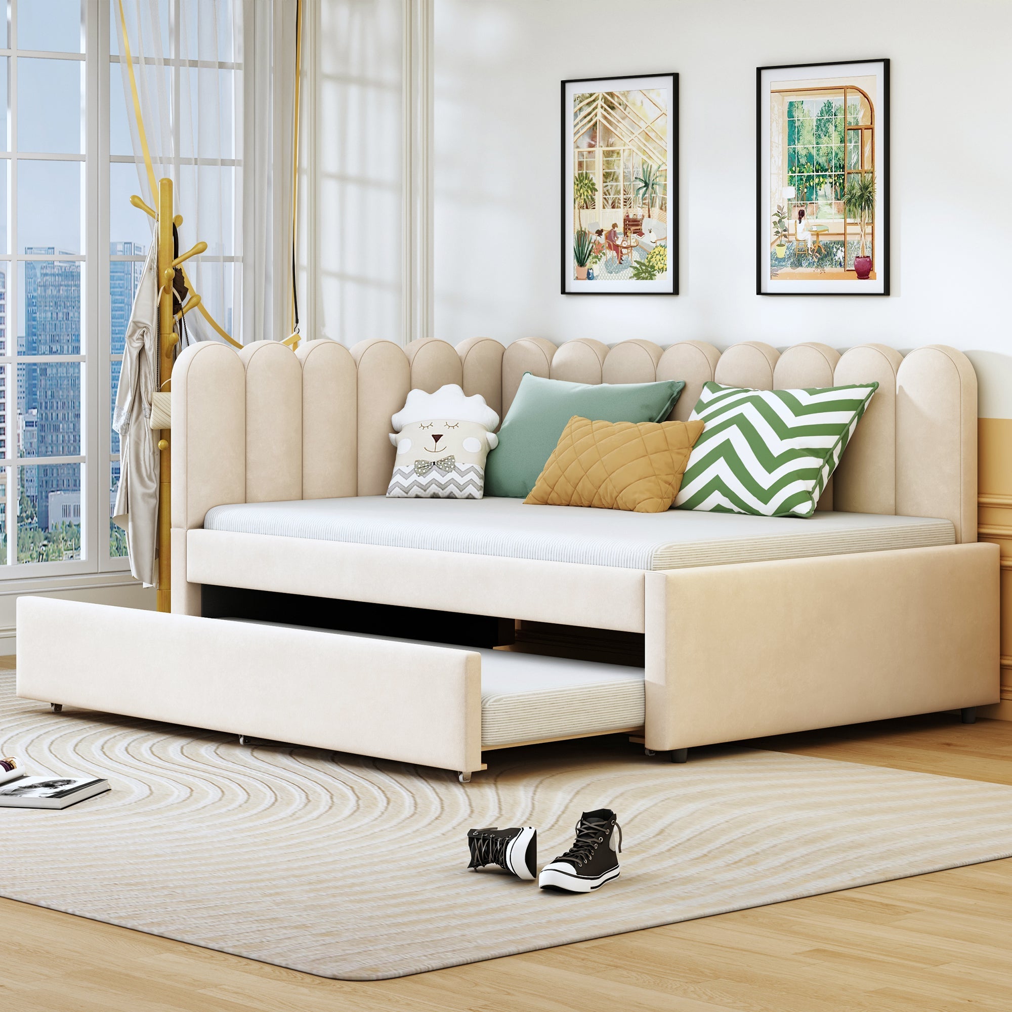 L-shaped Upholstered Bed, Sofa Bed 140x200 cm, Floral Backrest, Pull-Out Bed, Beige Velvet