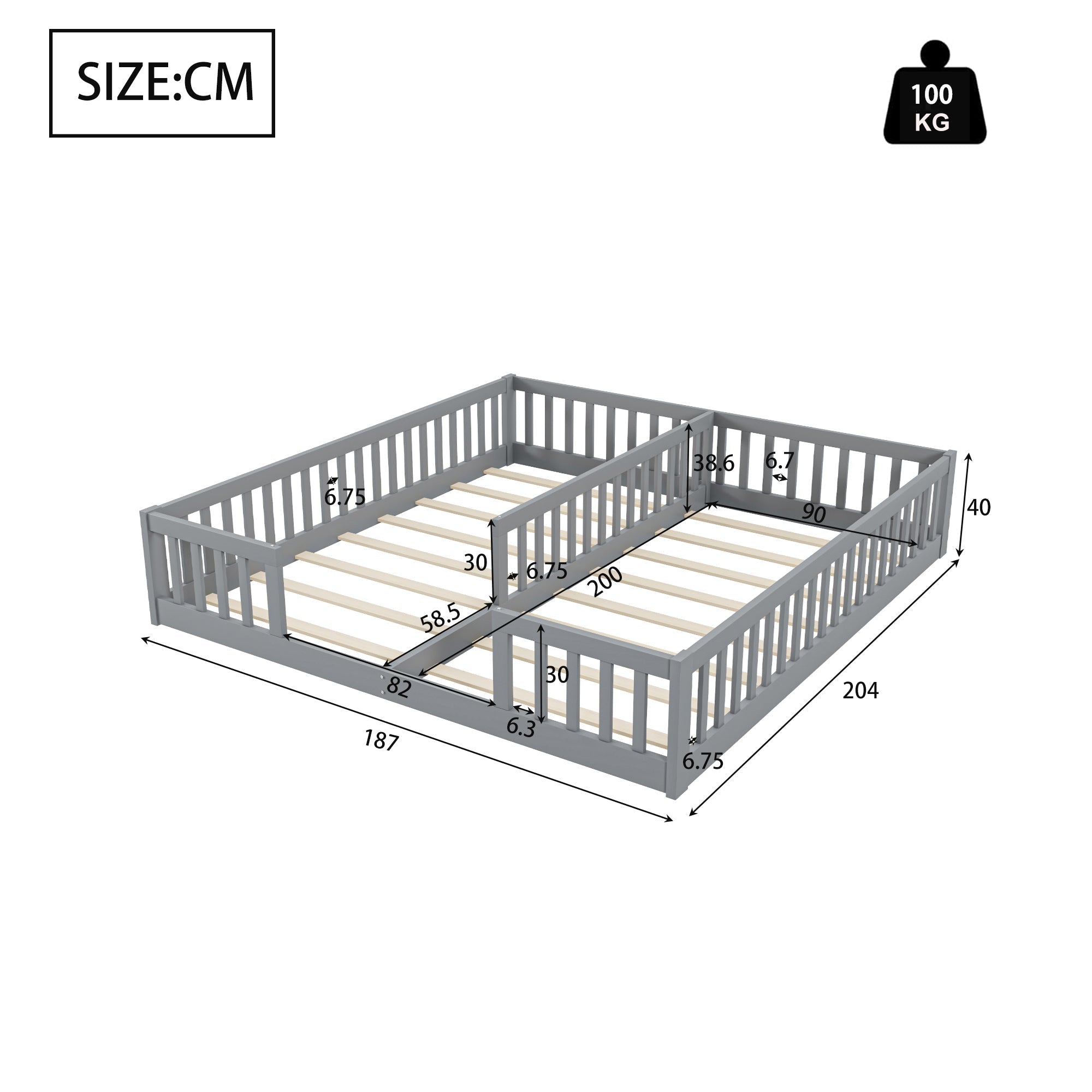 Panel Bed with Guardrails and Slatted Base, 90 x 200 cm, Grey Pine Wood