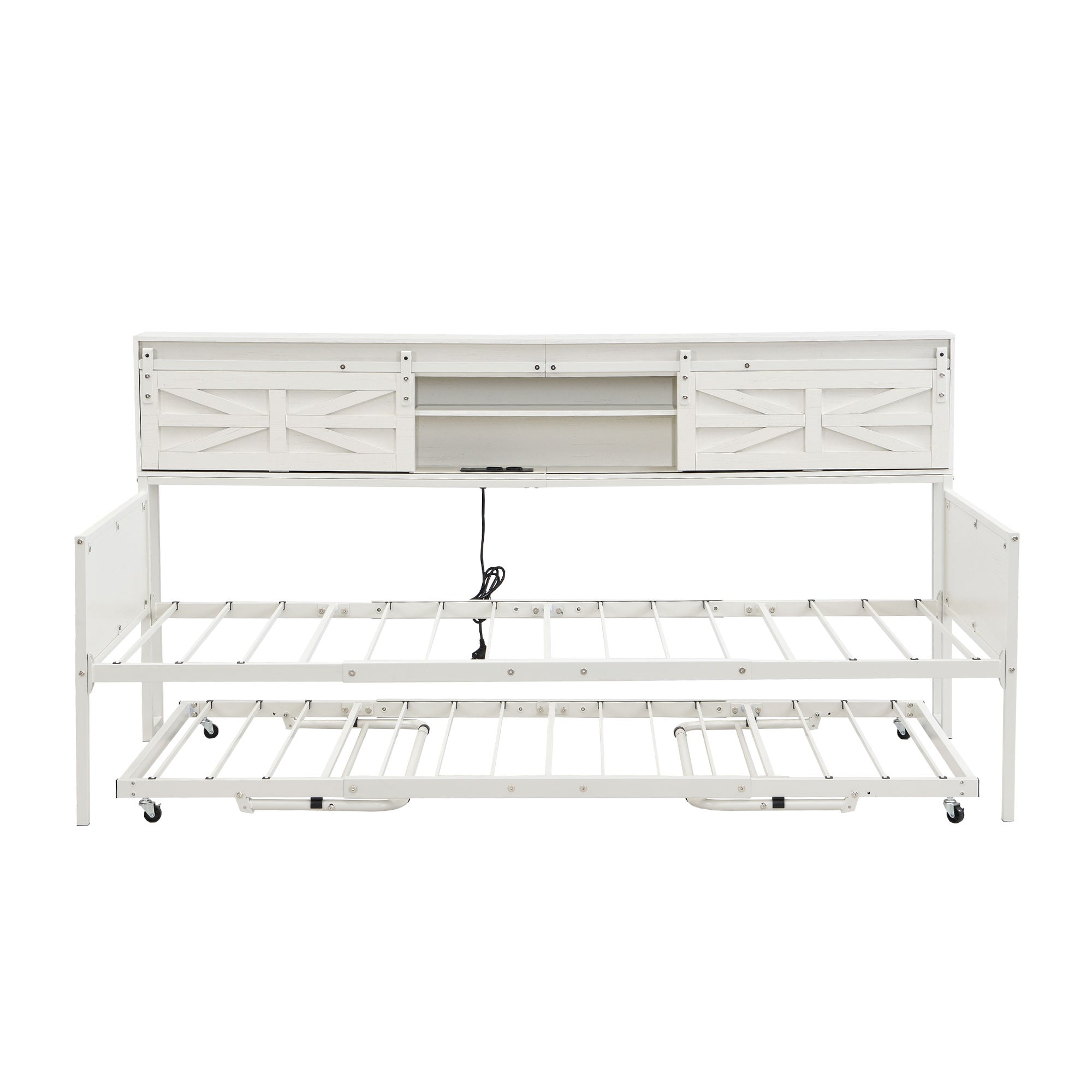 Multifunctional Iron Daybed with Storage Shelves and Pull-out Bed, White/Black Metal