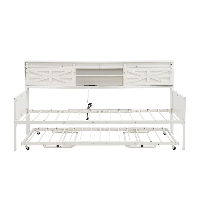 Multifunctional Iron Daybed with Storage Shelves and Pull-out Bed, White/Black Metal