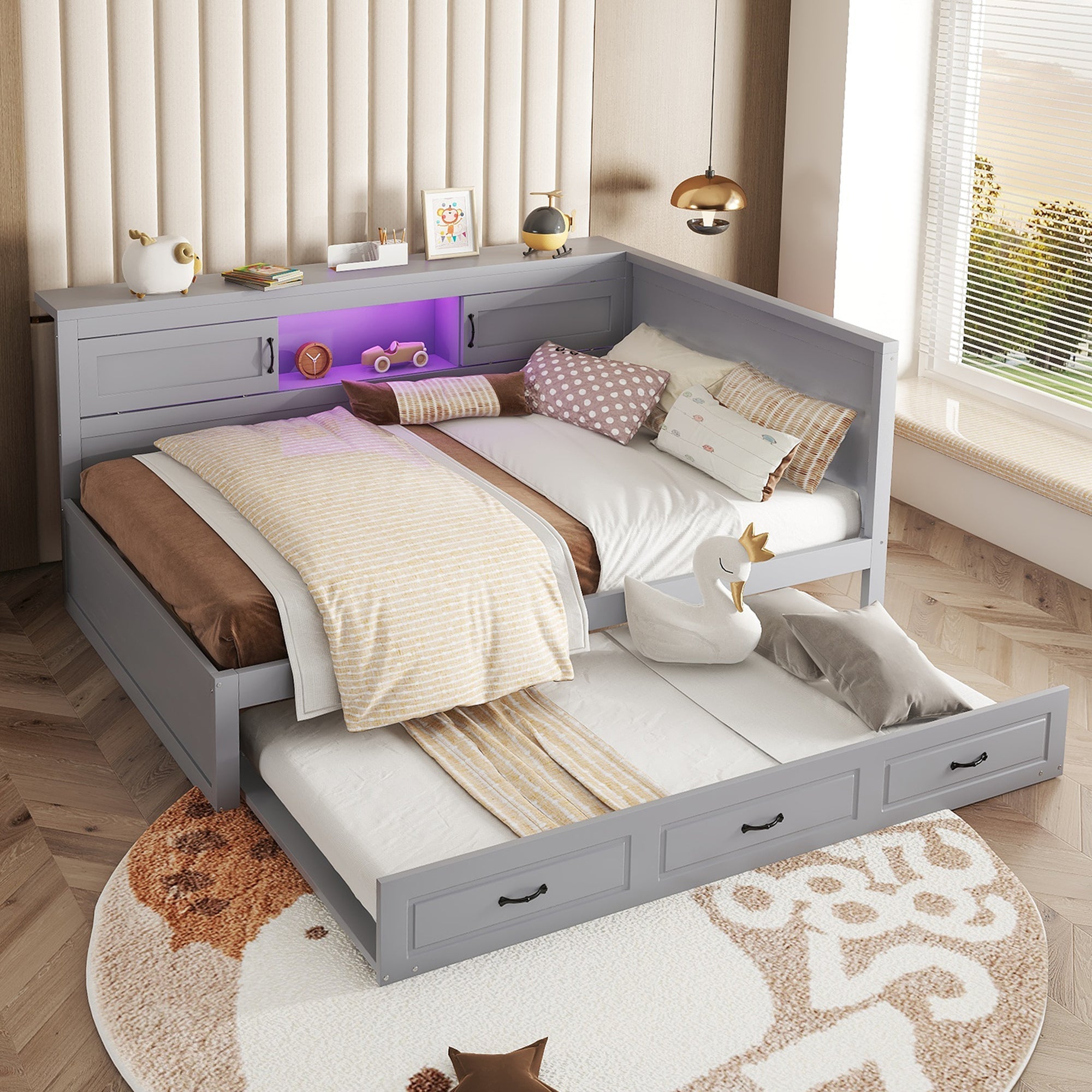 Sofa Bed Daybed 140x200cm Pull-out Bed LED Storage USB/Power Outlet - Grey