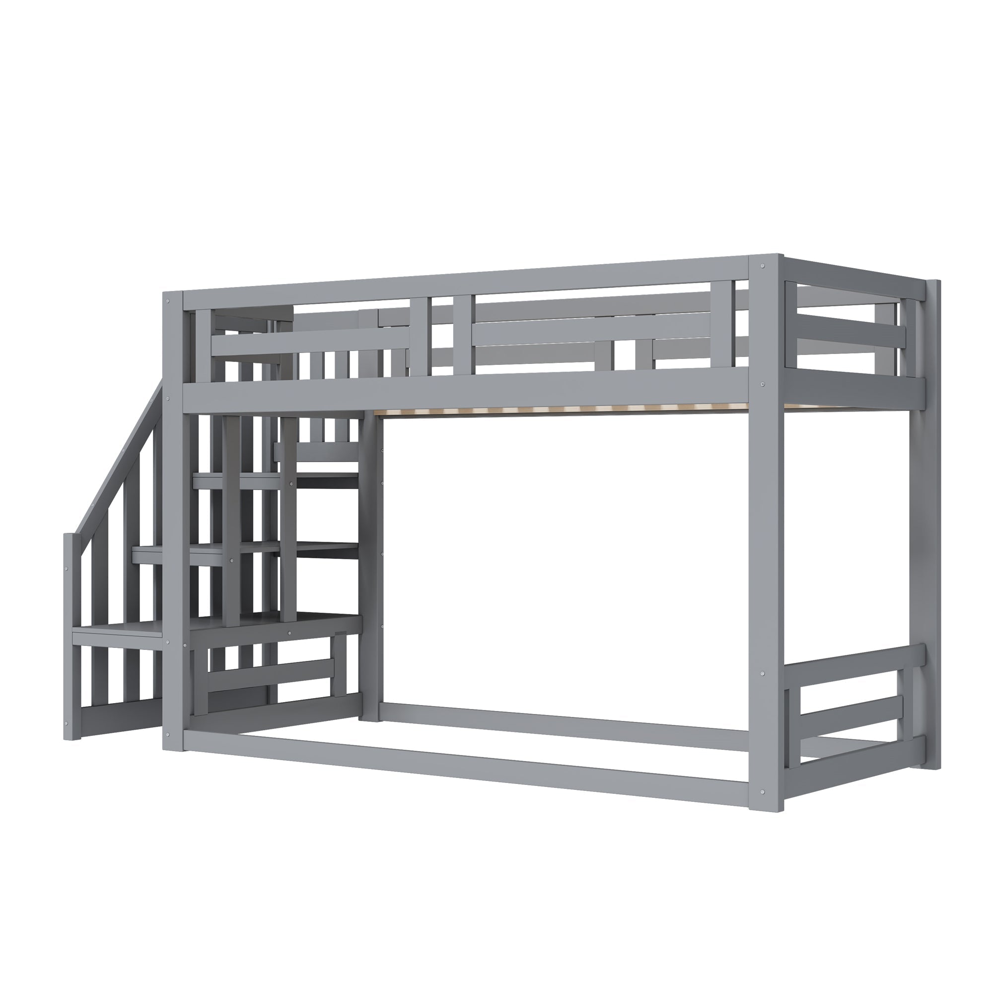 Children's Bed, Low Bunk with Safety Stairs, Solid Wood Gray