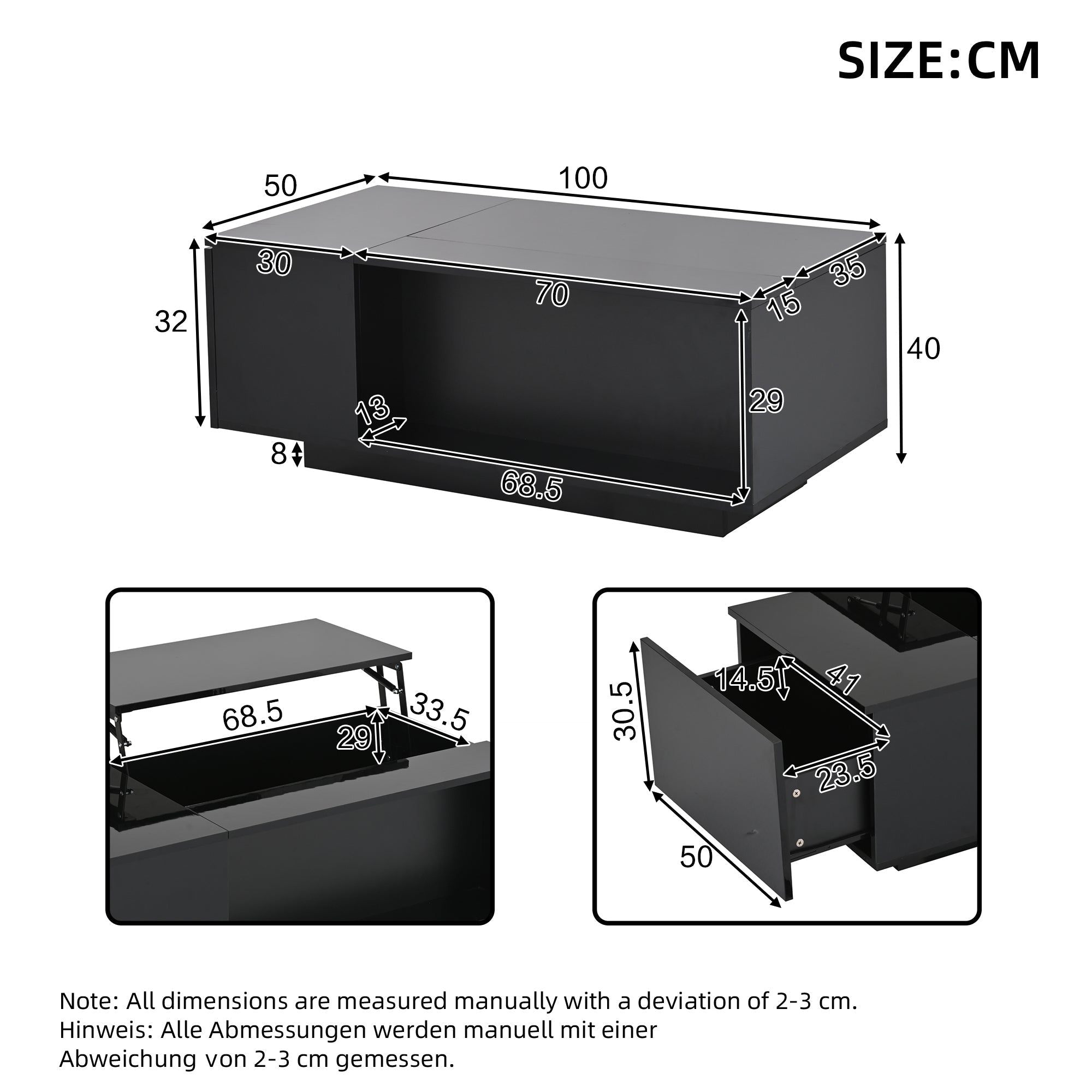 Coffee Table, Height-Adjustable with Hidden Storage & LED Light, Black