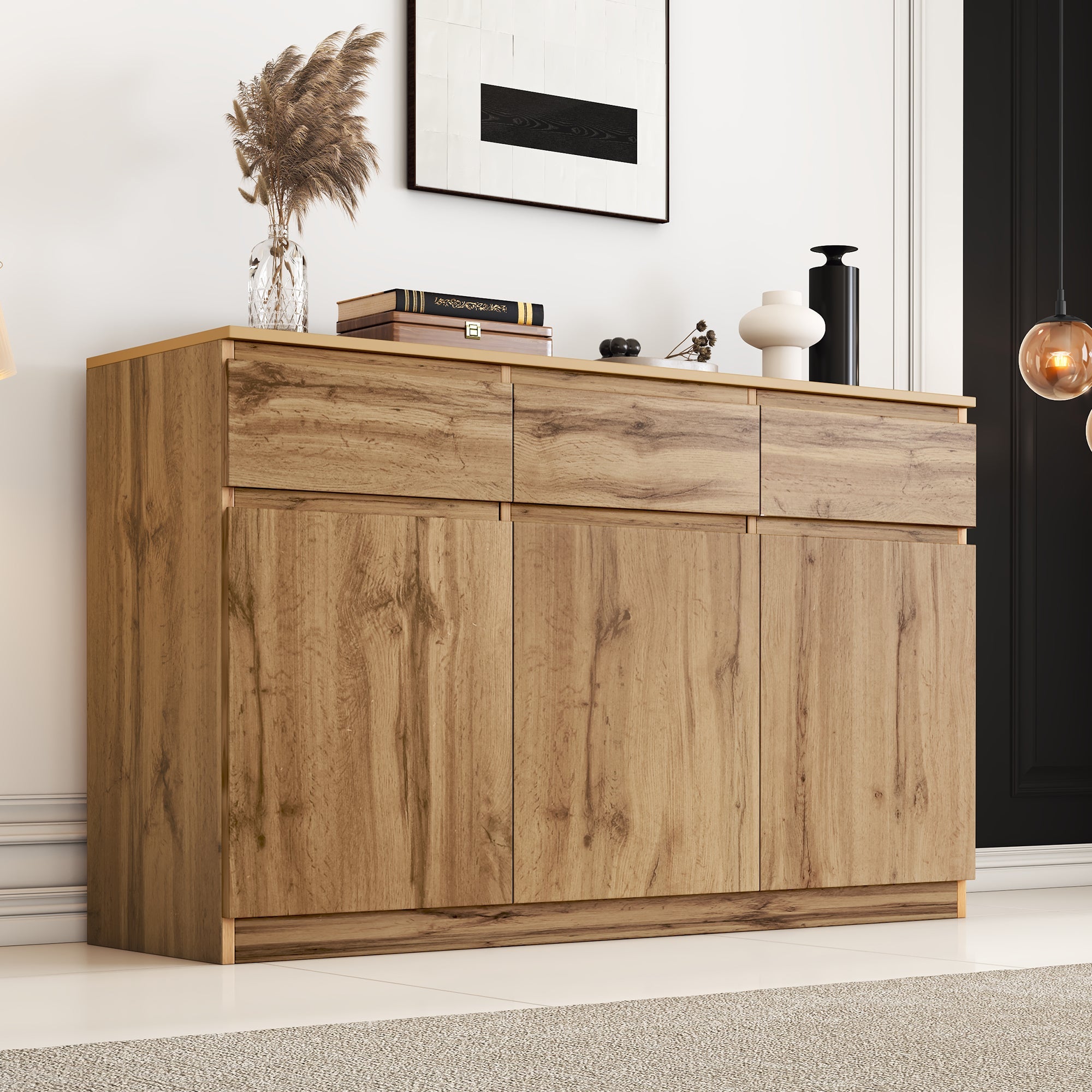 Multifunctional Sideboard 3 Doors 3 Drawers 135x40x81cm - Authentic Wood Look