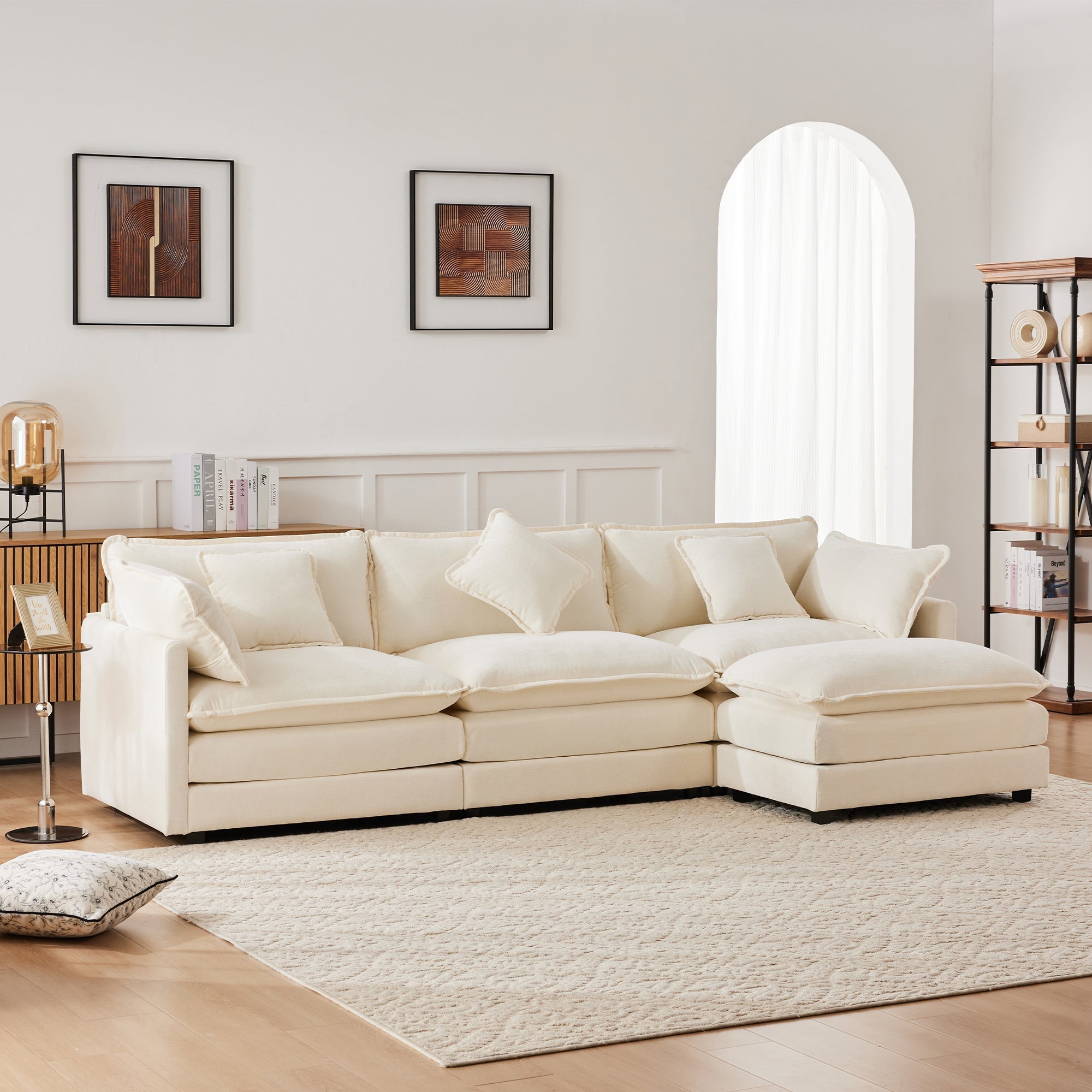 L-Shaped Corner Sofa 3-Seater Upholstered with Footrest, Modern Chenille Fabric