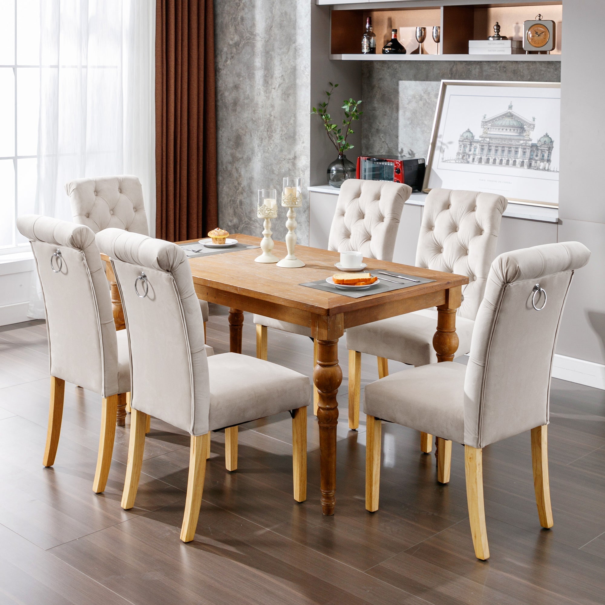 Velvet Dining Chairs Set of 2 with Oak Legs and Chrome Knockers, Beige Velvet
