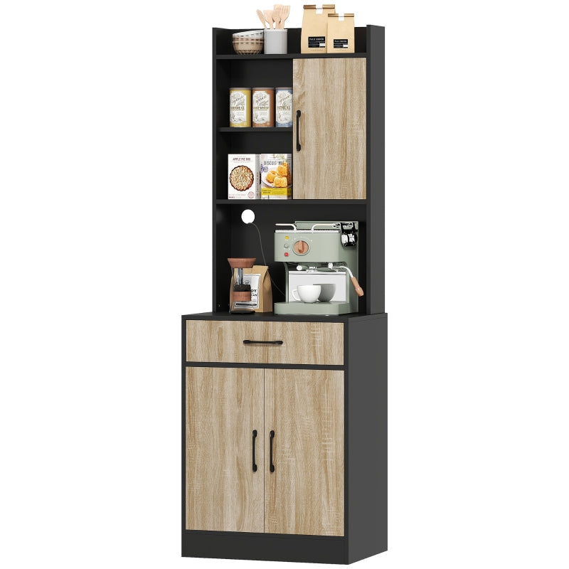 Kitchen Cabinet with Work Surface, Drawer & 3 Open Shelves, Natural Wood Black