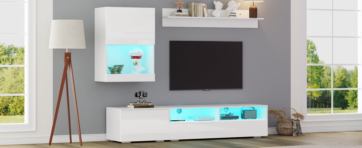 TV Wall Unit Set with Display Cabinet, 3-Piece Media Unit, LED High Gloss, White