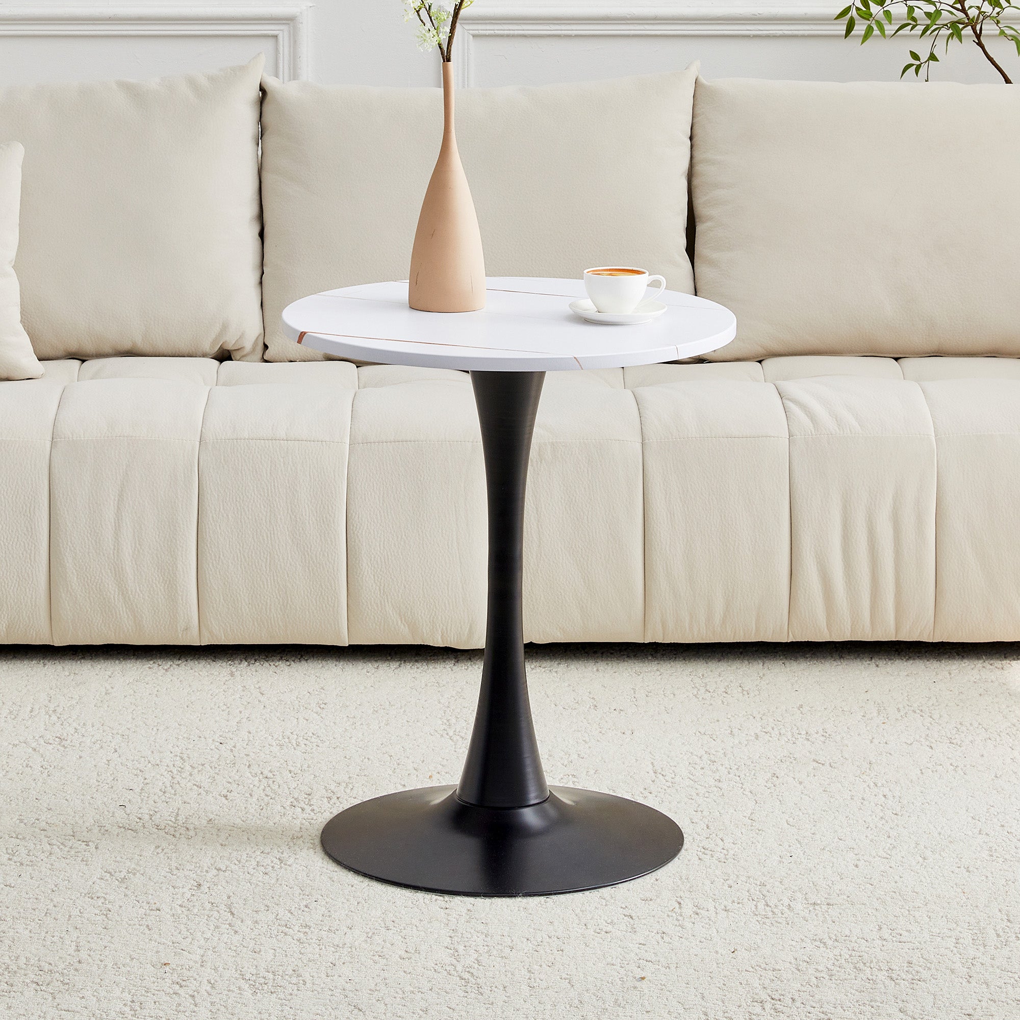 Round 60cm Side Table Small Dining Table MDF Thermoforming Black Leg White Grain Look