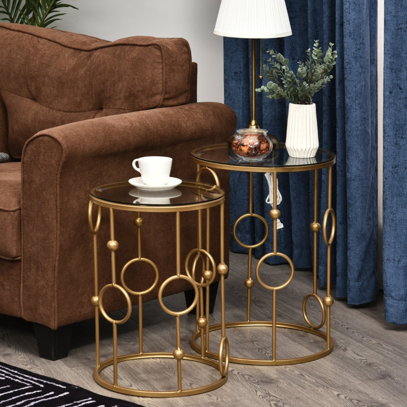 Set of 2 Coffee Tables, Glass Tops, Hoop and Ball Design, Gold