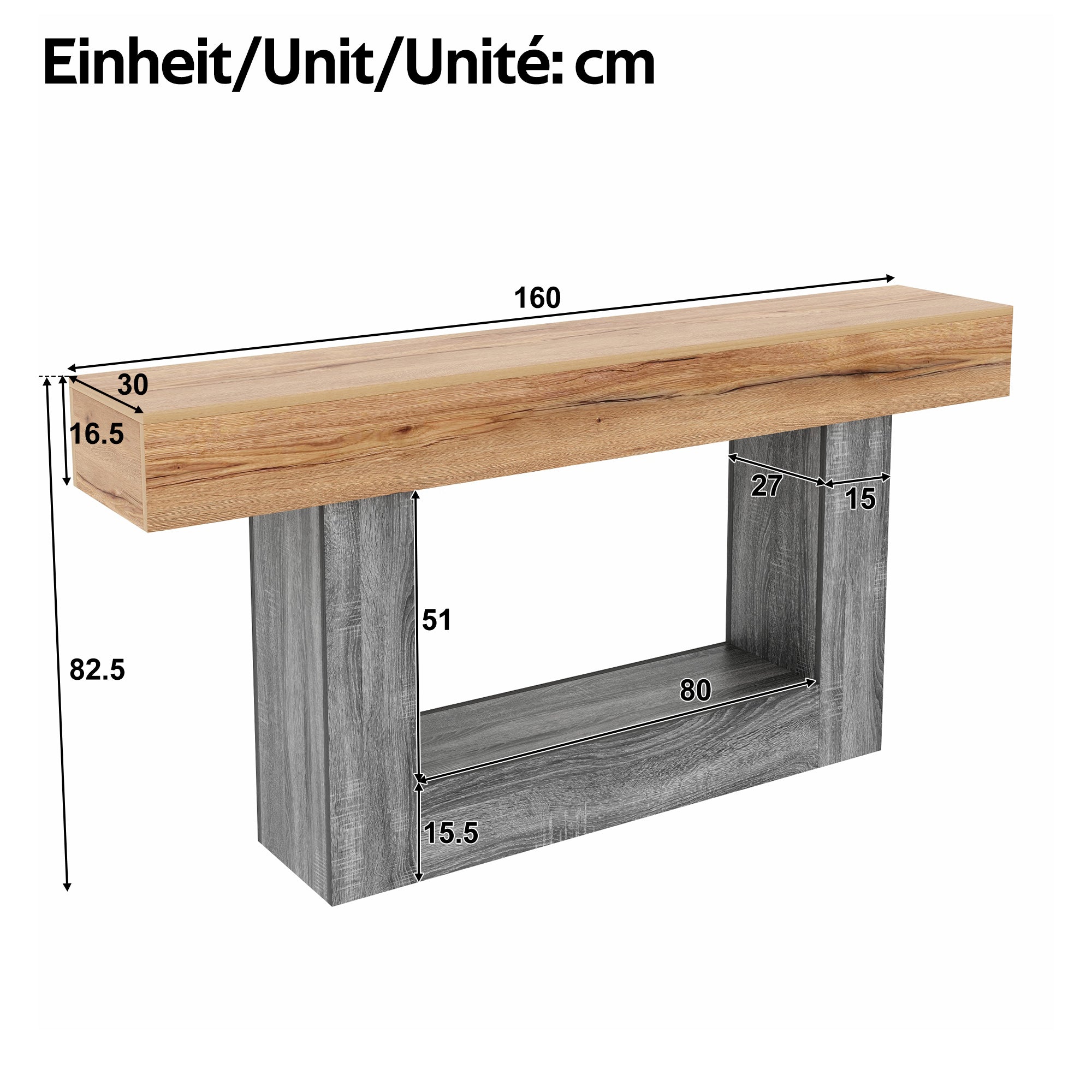 Two-Tone Console Table with Storage Shelf and Thick Tabletop, Wood Look Chipboard