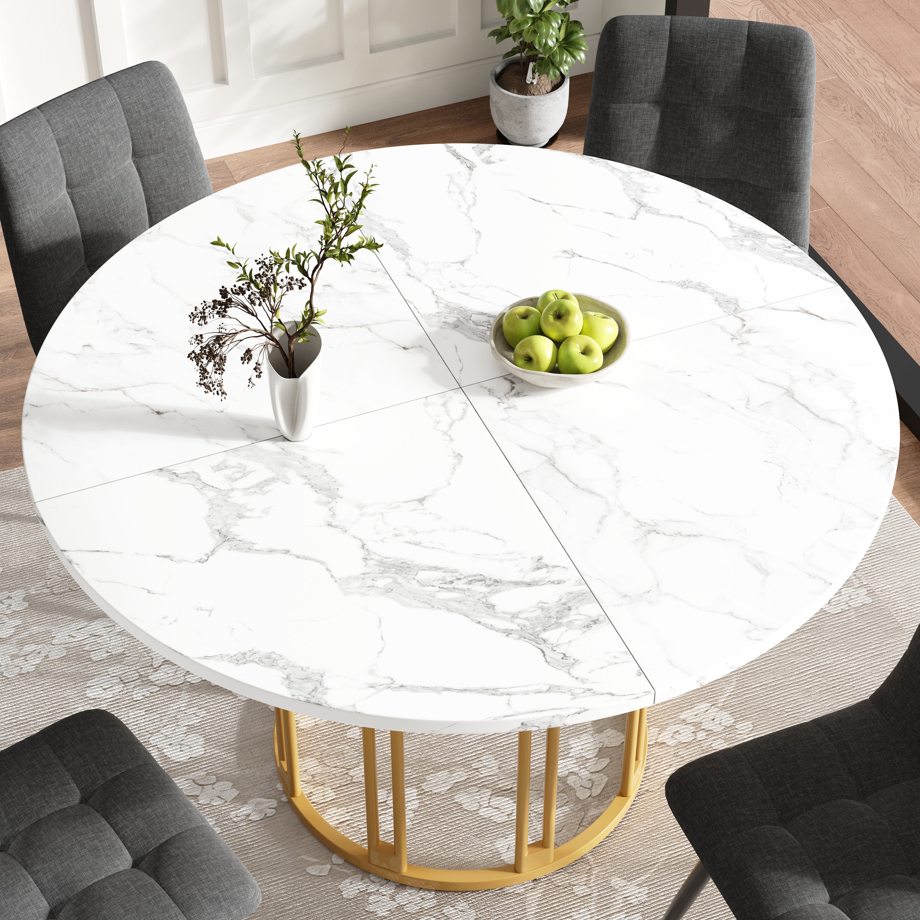 Dining Table Set 5-Piece Round Marble Top 4 Chairs Linen Bench - Grey