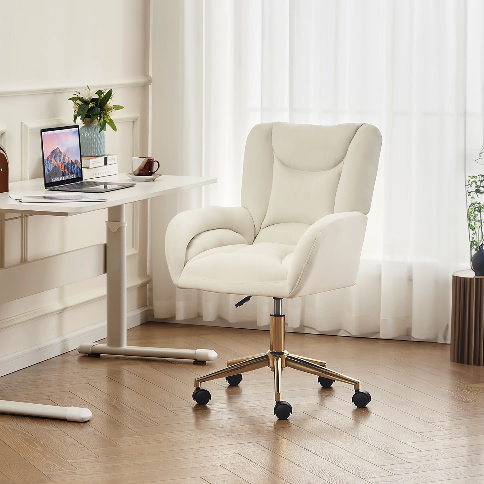 005 Swivel Chair, Full KD, Height Adjustable, Home Office, Velvet Fabric, Ivory
