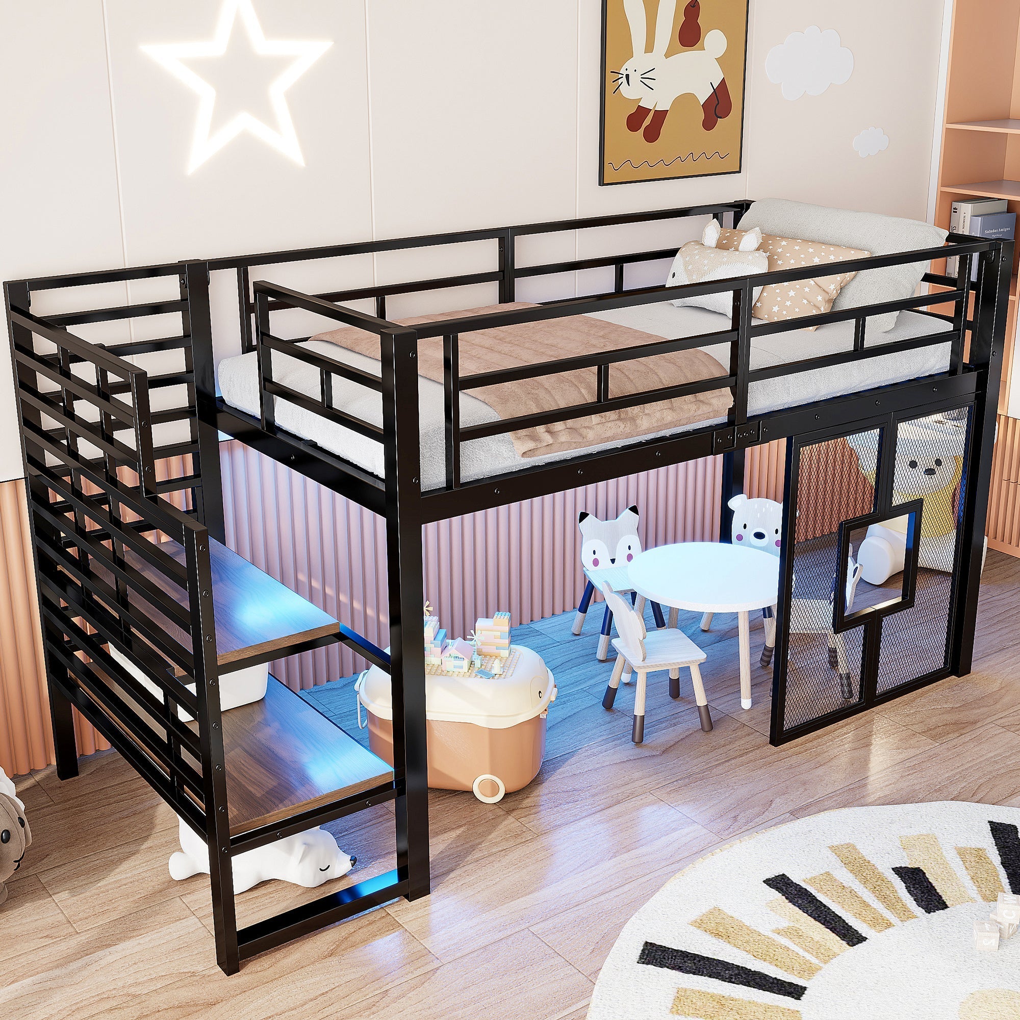Metal Loft Bed with Stairs, Storage, LED Lighting and Windows, 90x200 cm, Black