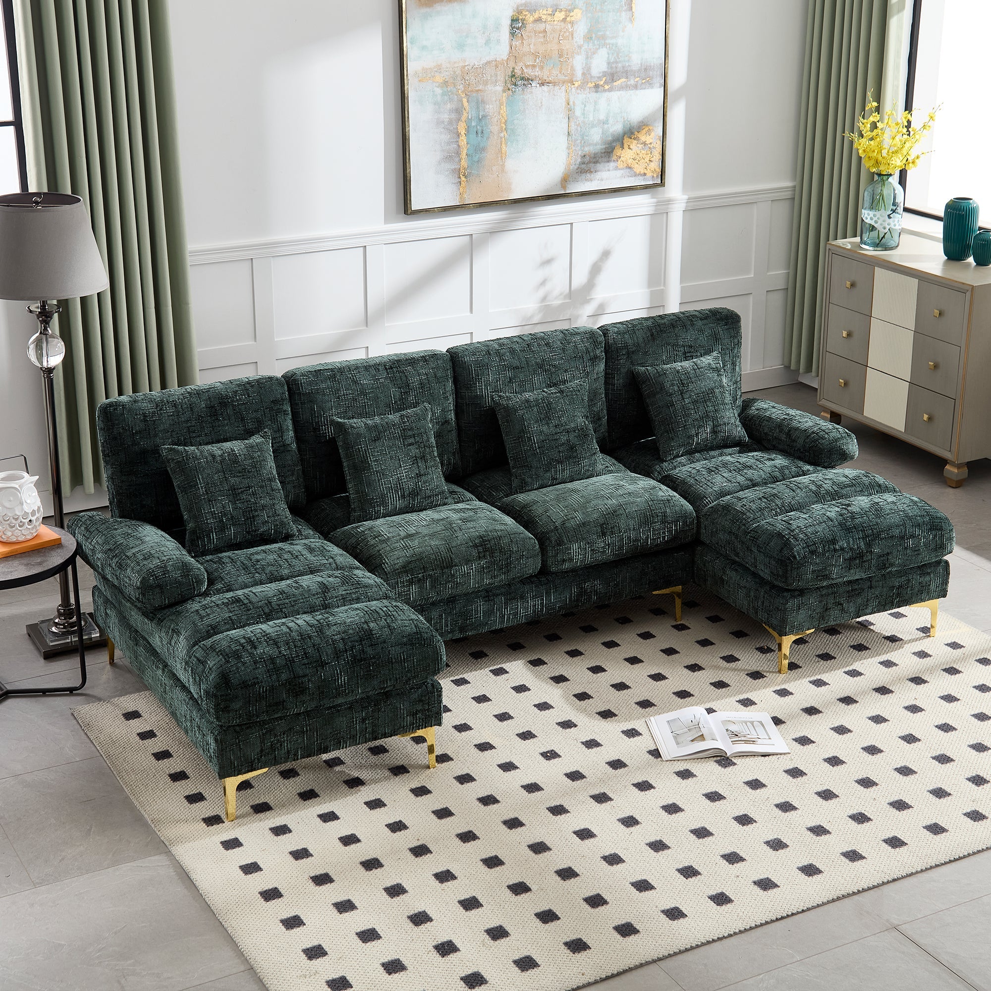 Chenille U-Shape Sectional Sofa, Large with Double Reclining Seats, Emerald
