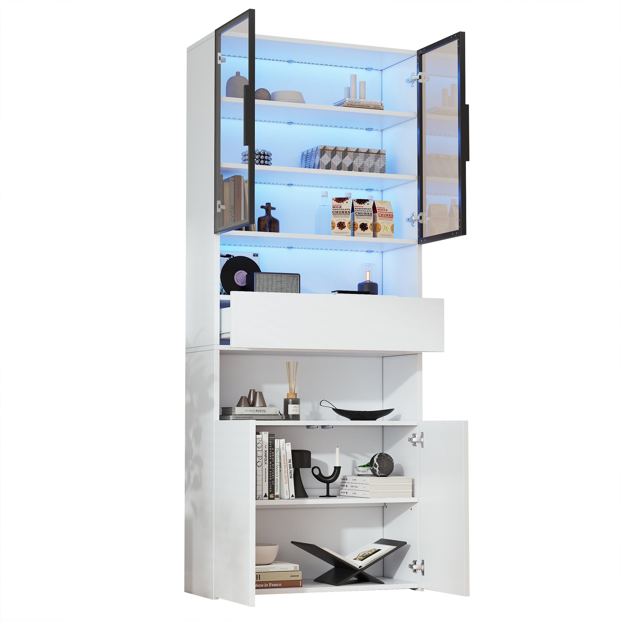 Display Cabinet with Drawers, Glass Doors & LED Lighting, 70x30x200cm, White