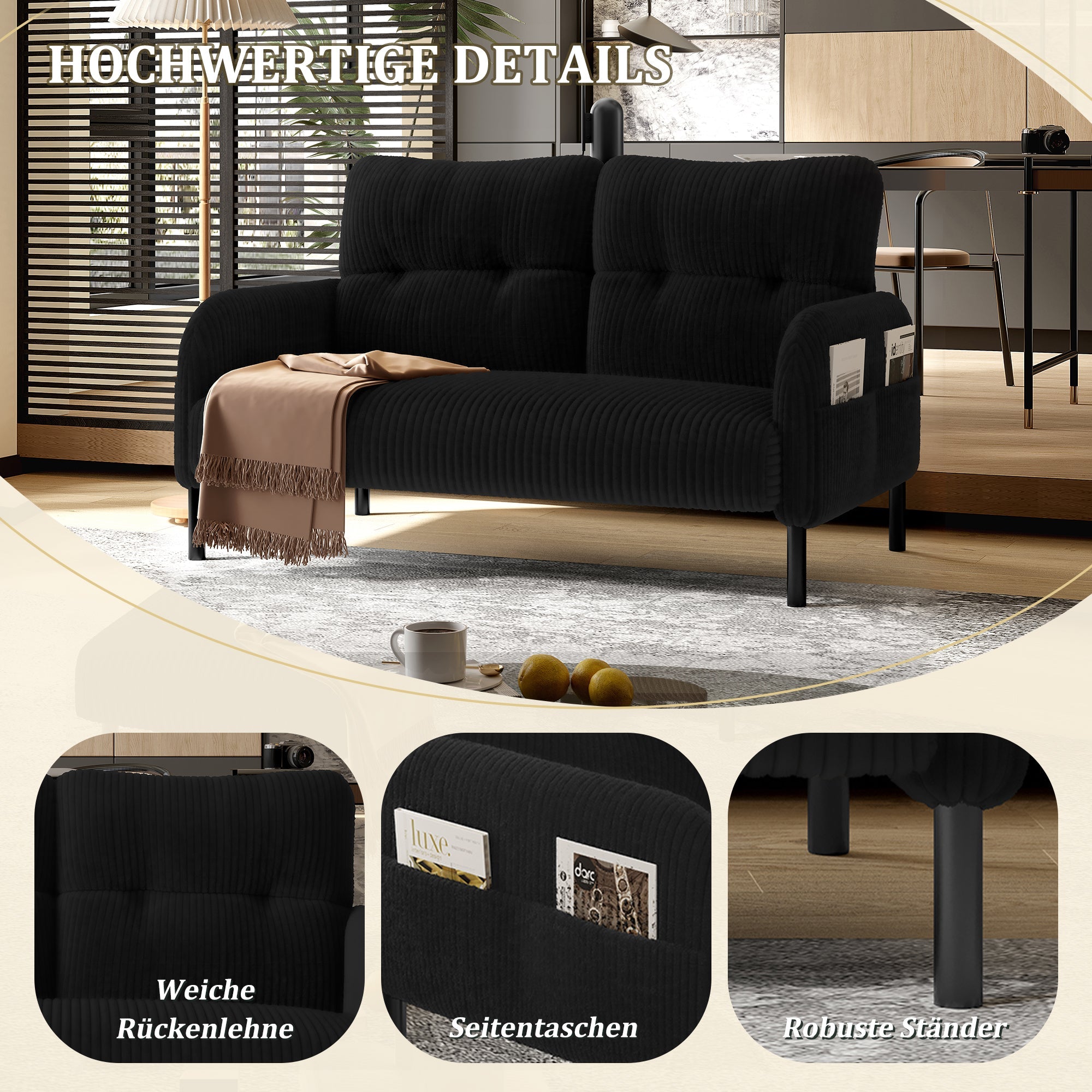 Two-Seater Sofa, Comfort Padding High Backrest Side Pockets Metal Feet, Corduroy