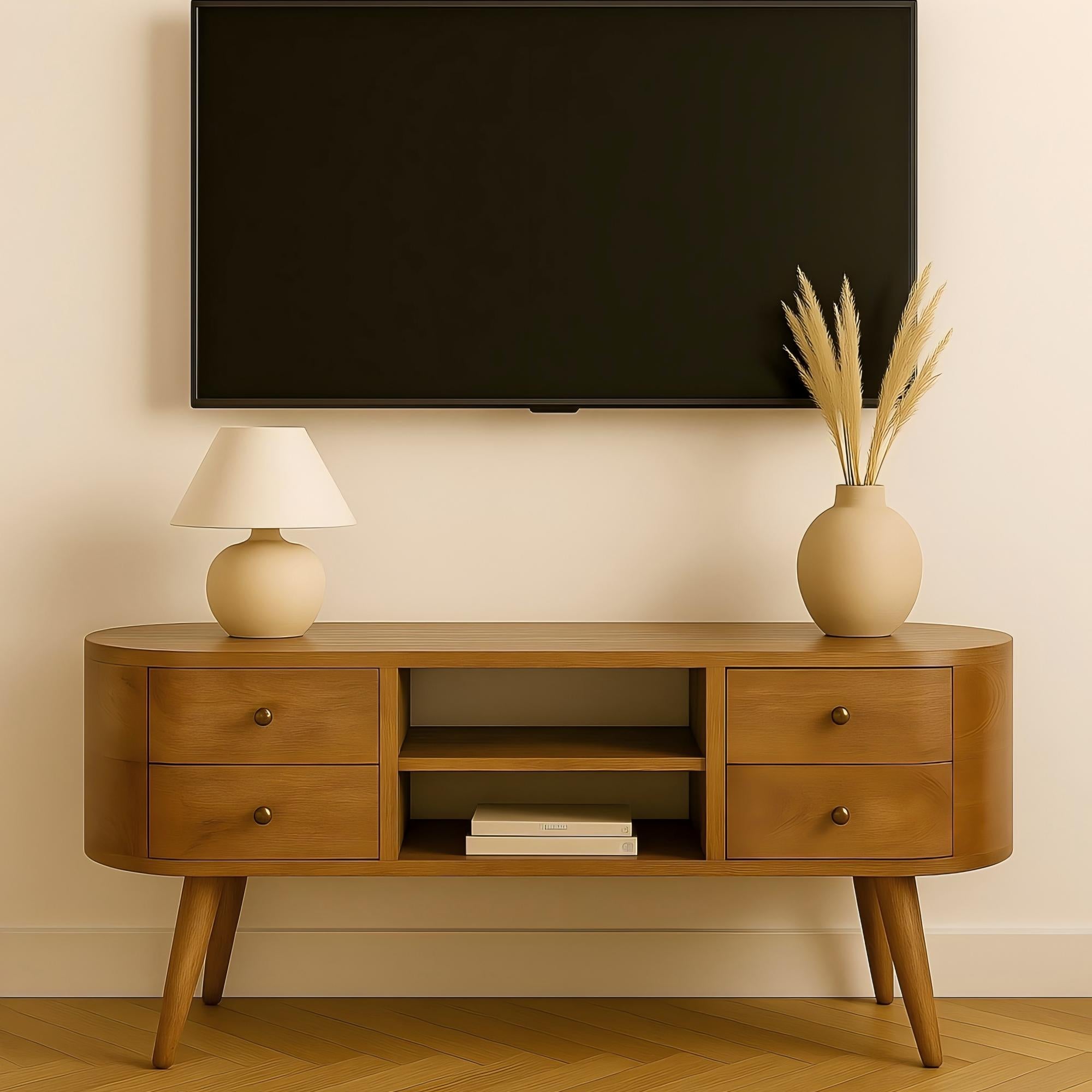 Solid Wood Rounded Entertainment Unit, 4 Drawers 2 Shelves, Brown