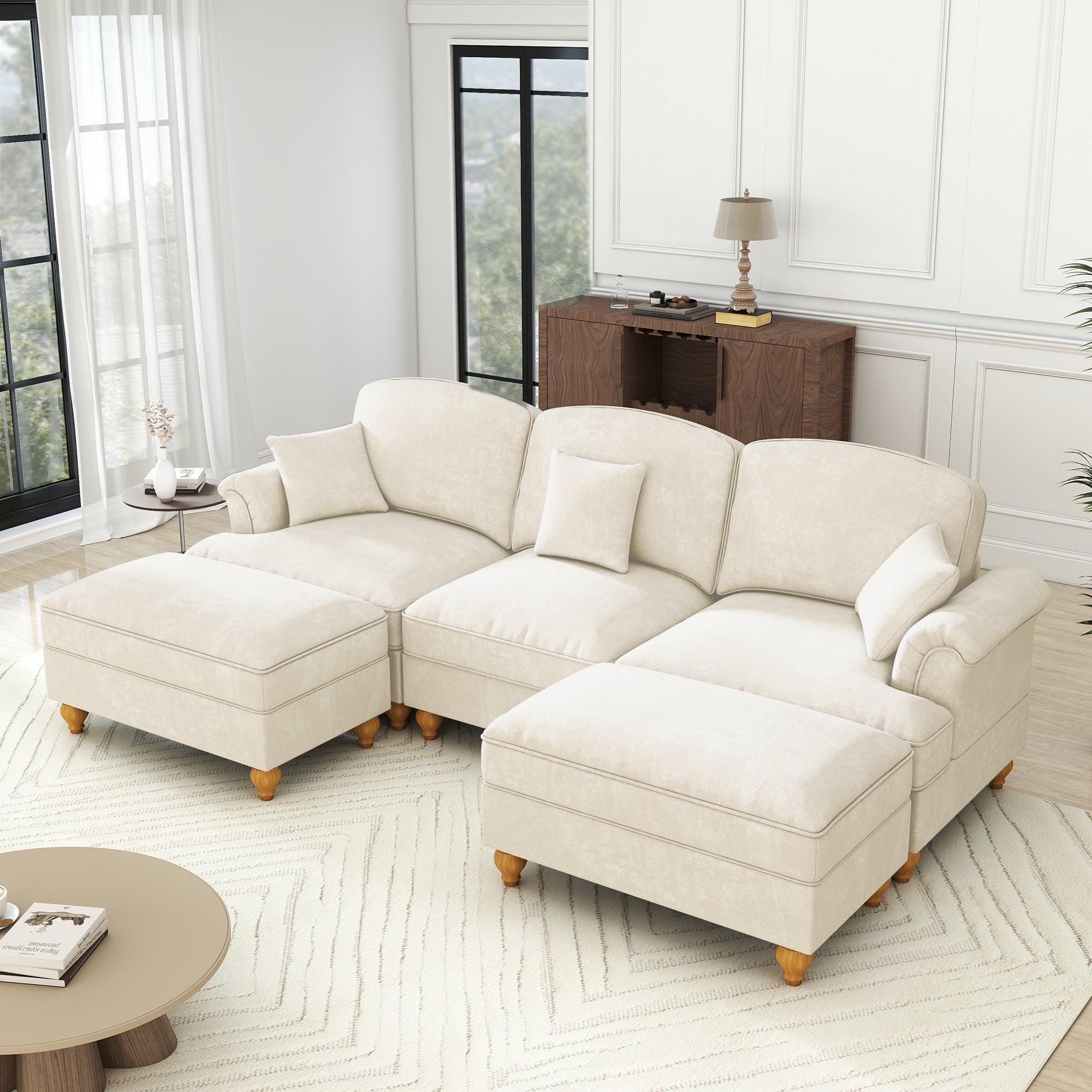 Classic Modular U-Shaped Sofa Chenille Movable Ottoman - White