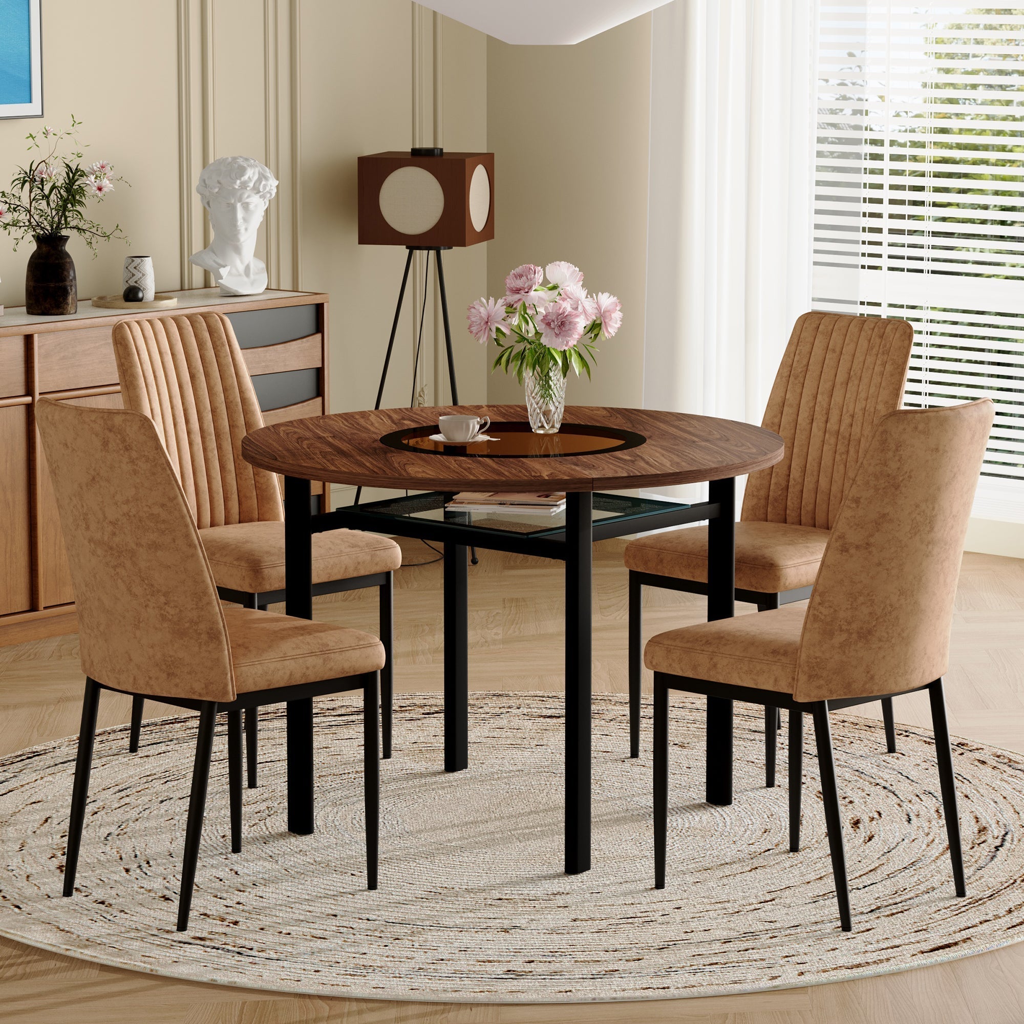 Dining Set Minimalist Round Glass Table 85cm 4 Chairs - Brown