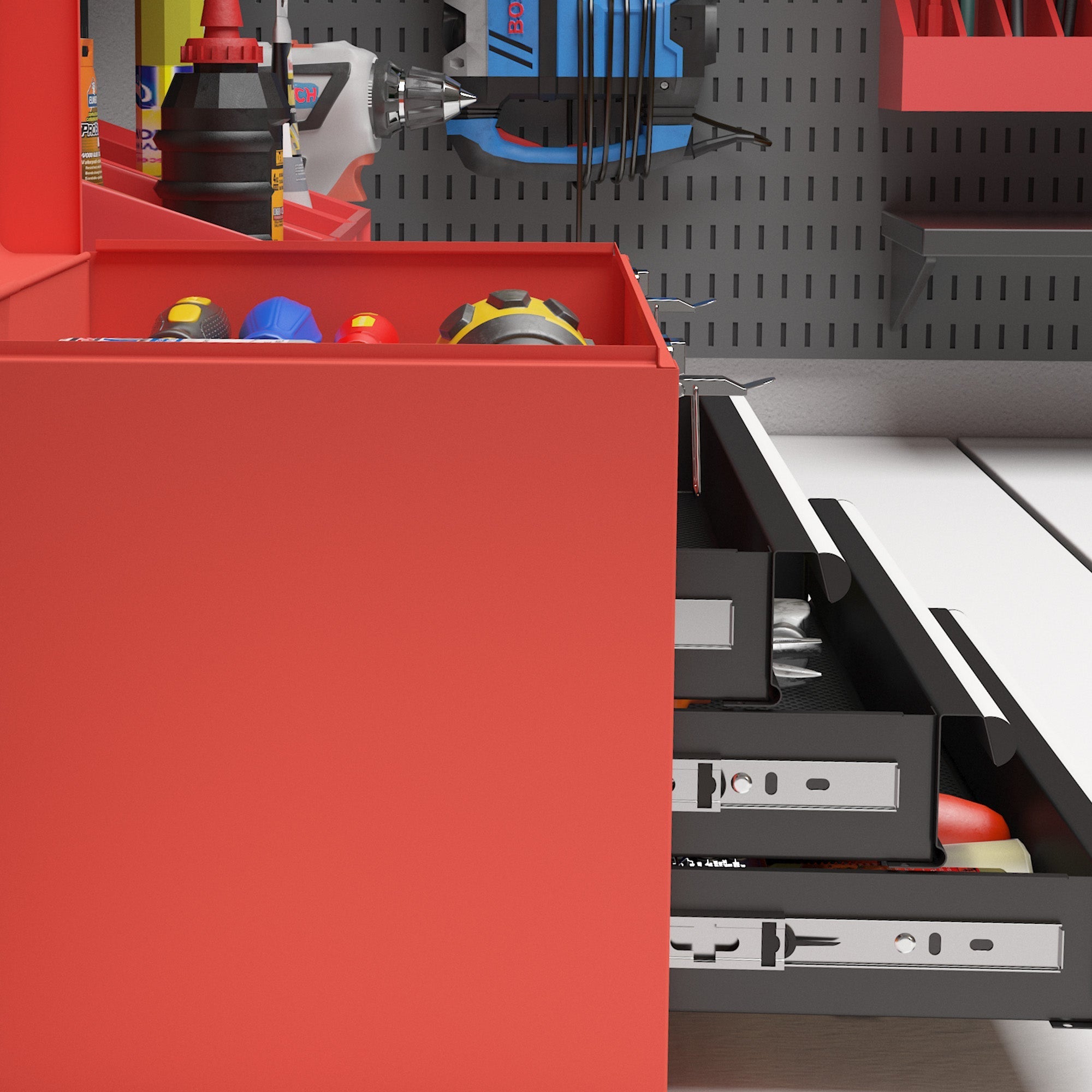 DURHAND empty tool box, 45 x 24 x 27 cm, 3 drawers, steel, red