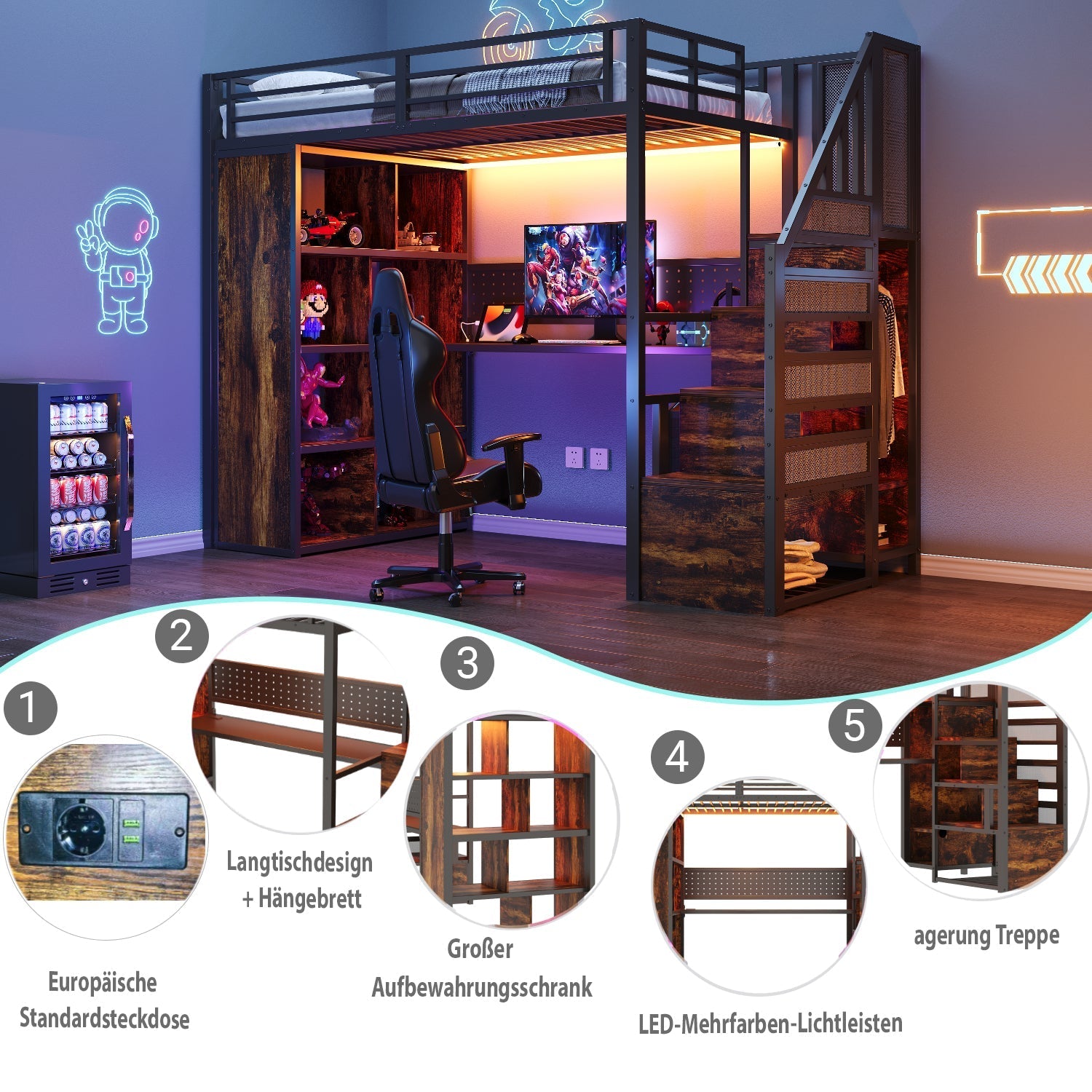 Metal Loft Bed with Wardrobe, Desk and LED Light Strip, Black Metal
