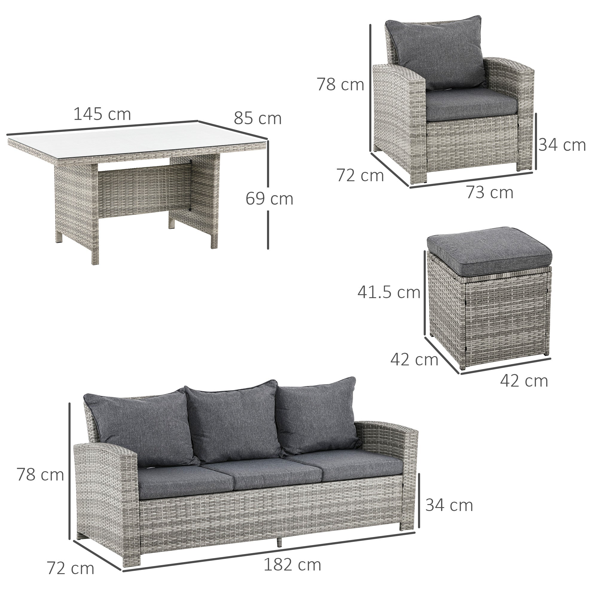 6 Pieces PE Rattan Garden Furniture Set, Three-seat Sofa, Armchairs, Footstools, Aluminium, Light Grey