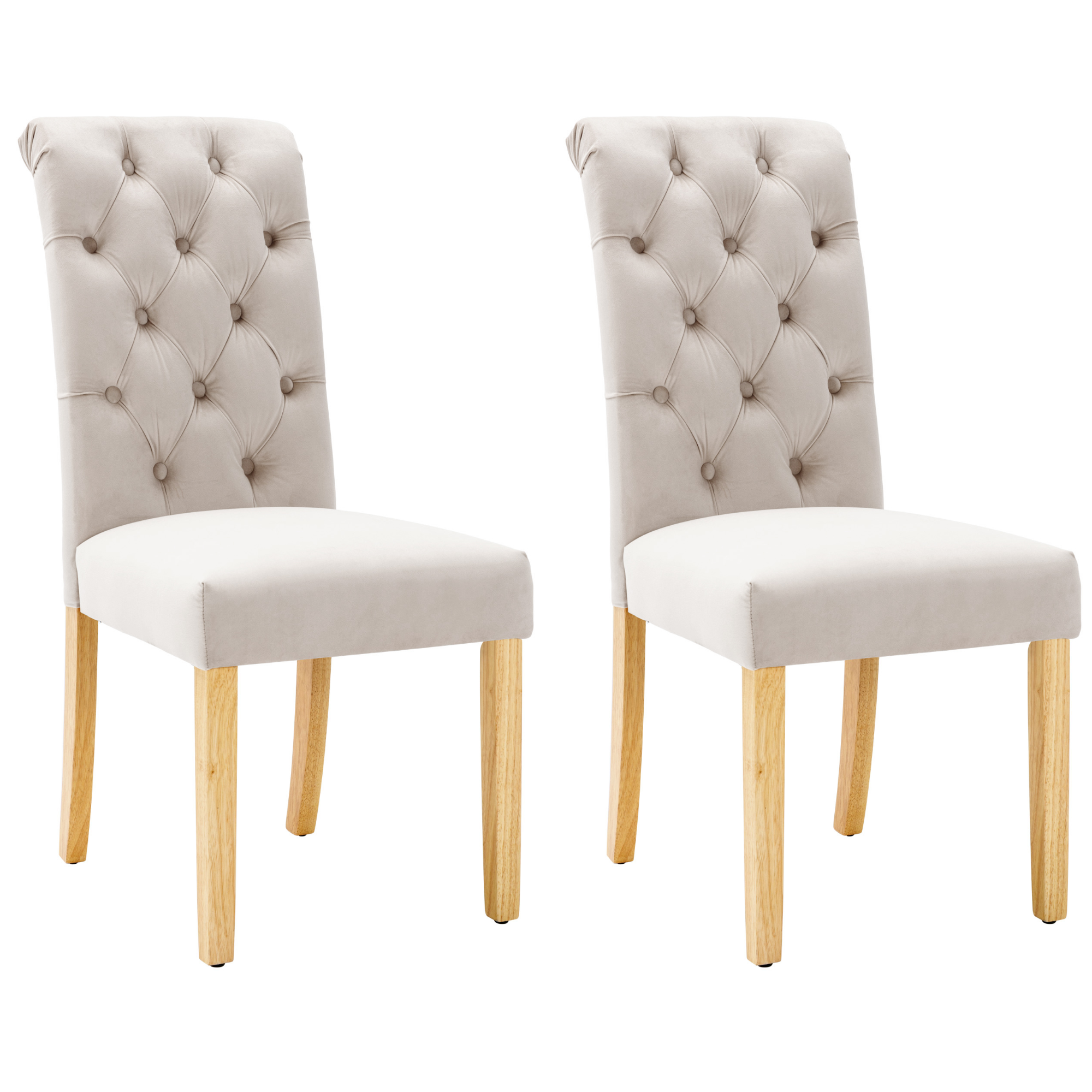 Velvet Dining Chairs Set of 2 with Oak Legs and Chrome Knockers, Beige Velvet
