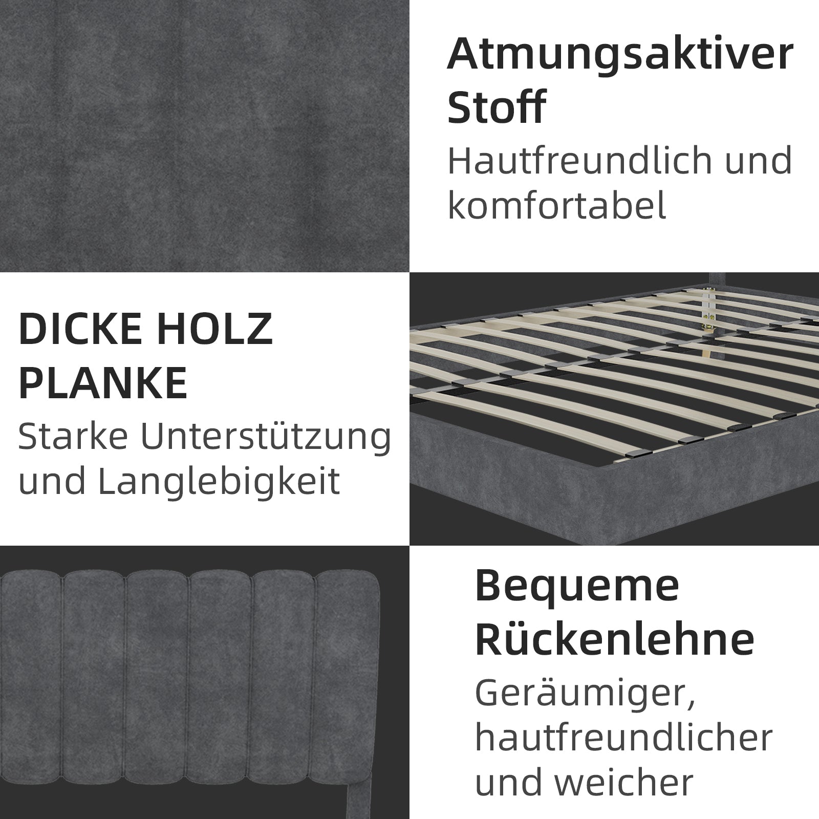 Modern Minimalist Upholstered Bed, Soft Headboard, 160x200 cm, Grey
