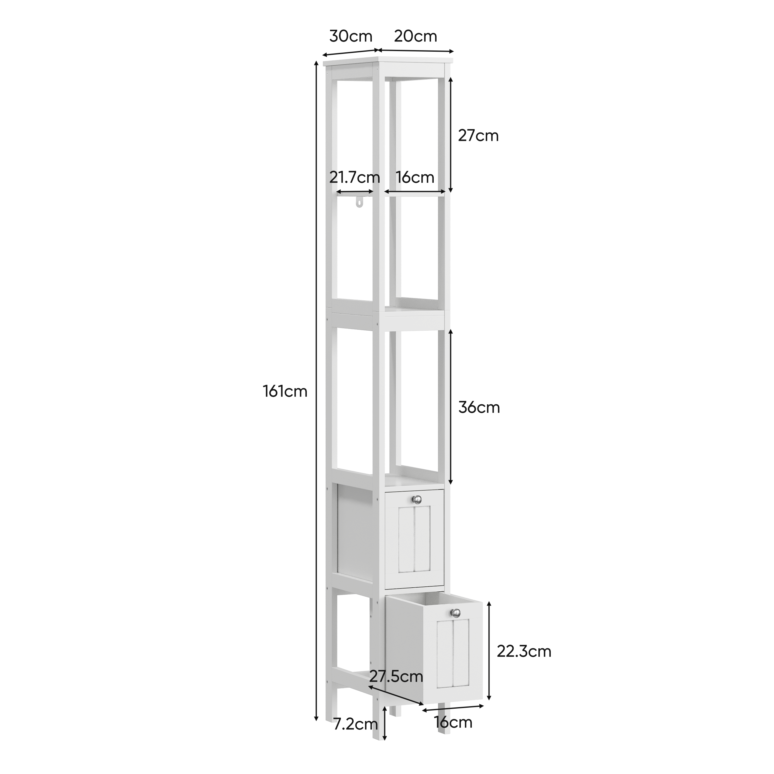 Narrow Tall Cabinet, Freestanding with 2 Drawers and 3 Shelves, White