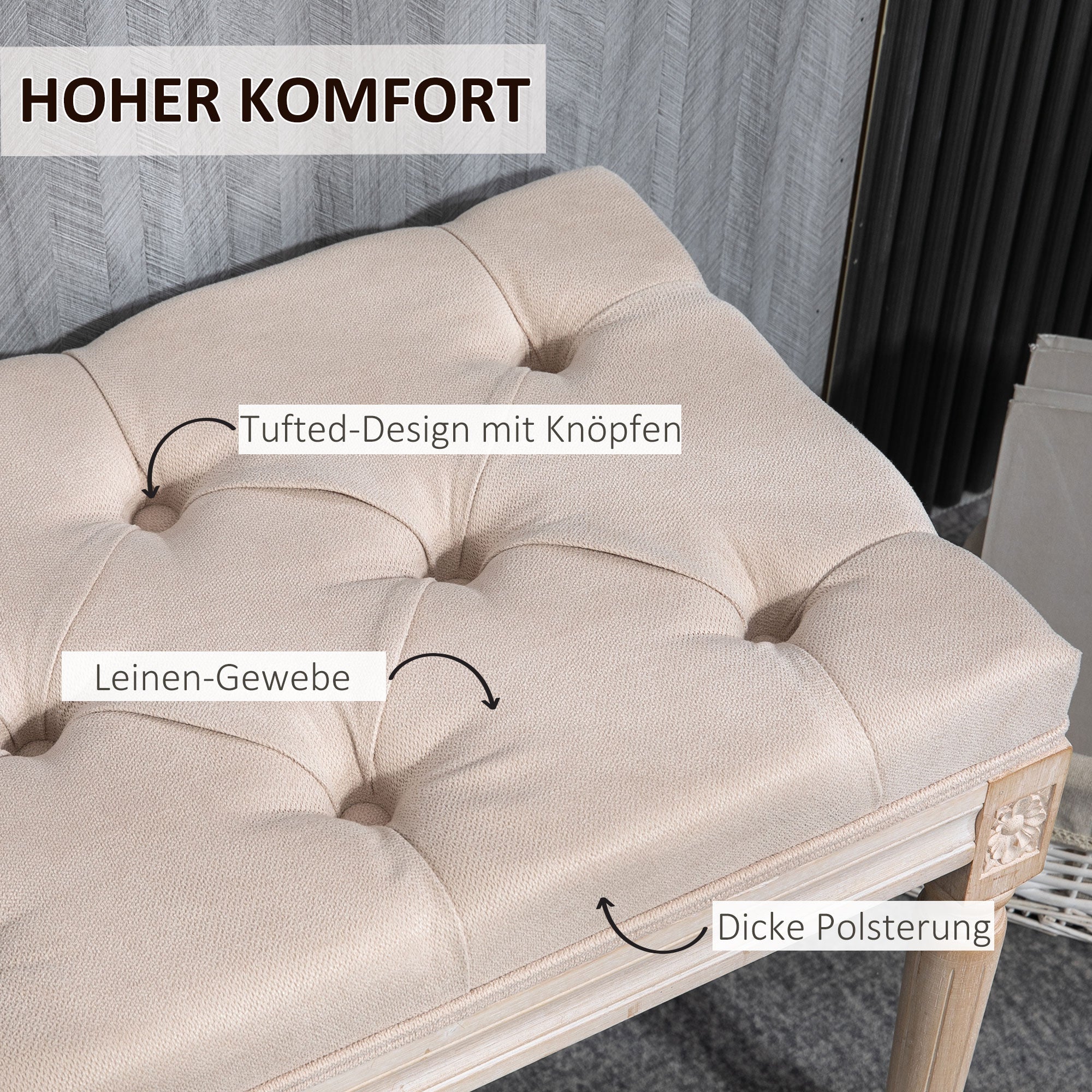 Vintage Upholstered Bench, Hallway with Buttons 120kg Capacity, Linen Look