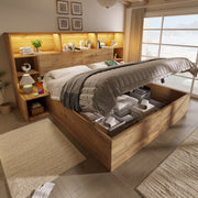 System Bed with Hydraulic Storage, Bedside Tables, LED & USB-C, 160x200cm, Oak Look Wood
