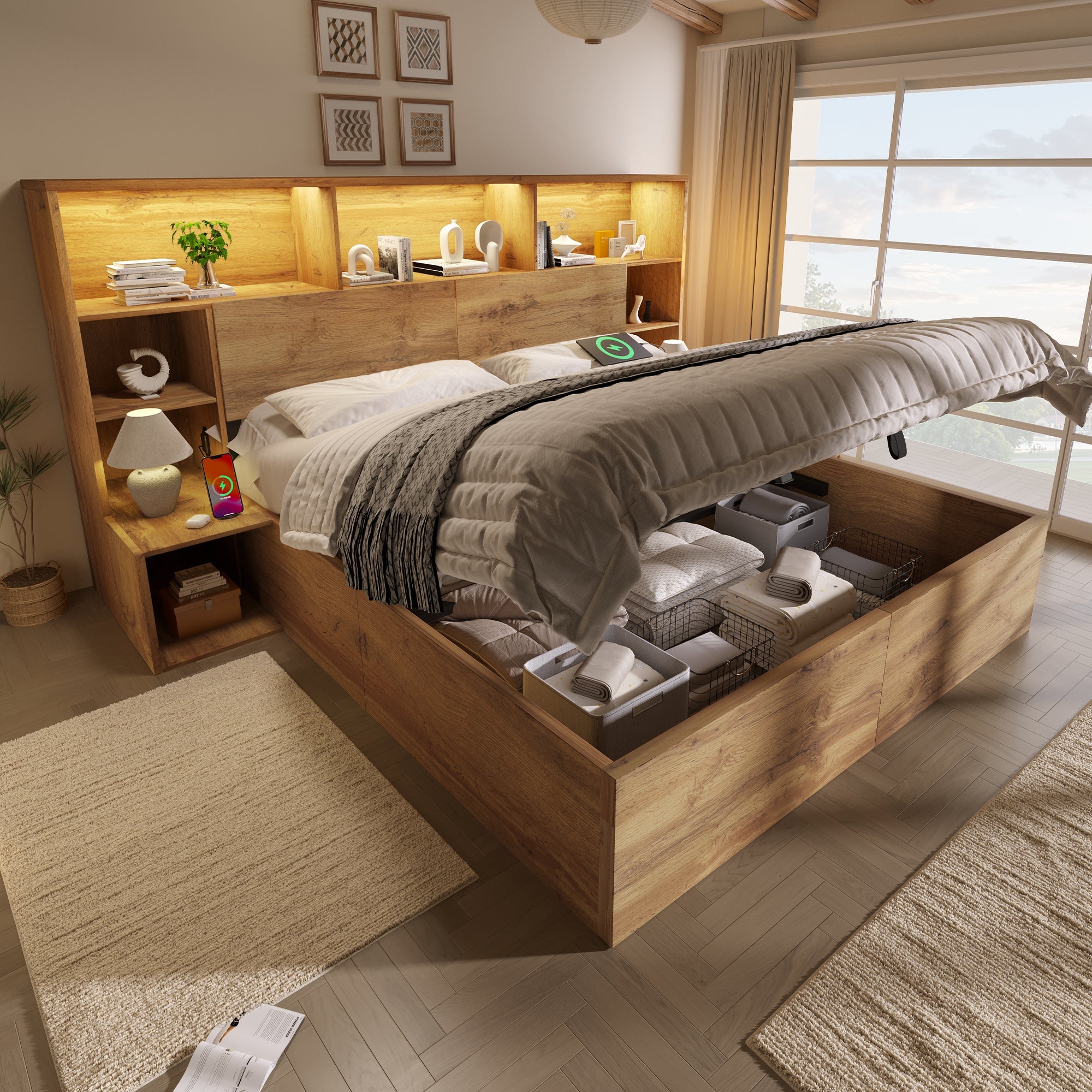 System Bed with Hydraulic Storage, Bedside Tables, LED & USB-C, 160x200cm, Oak Look Wood