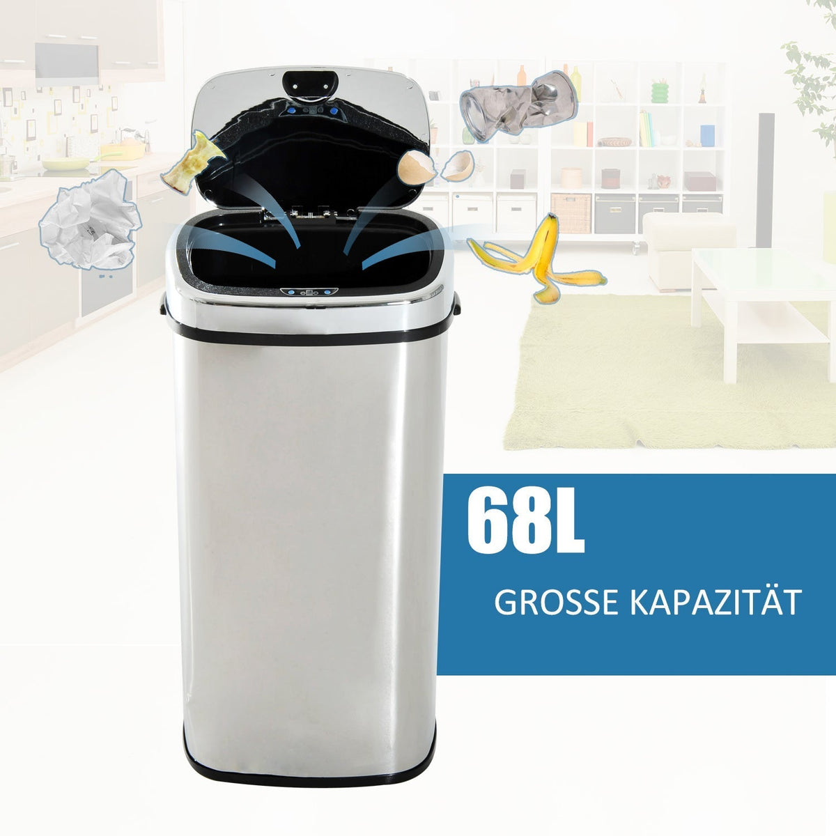Automatic Trash Can Sensor Kitchen 68L, Stainless Steel Silver