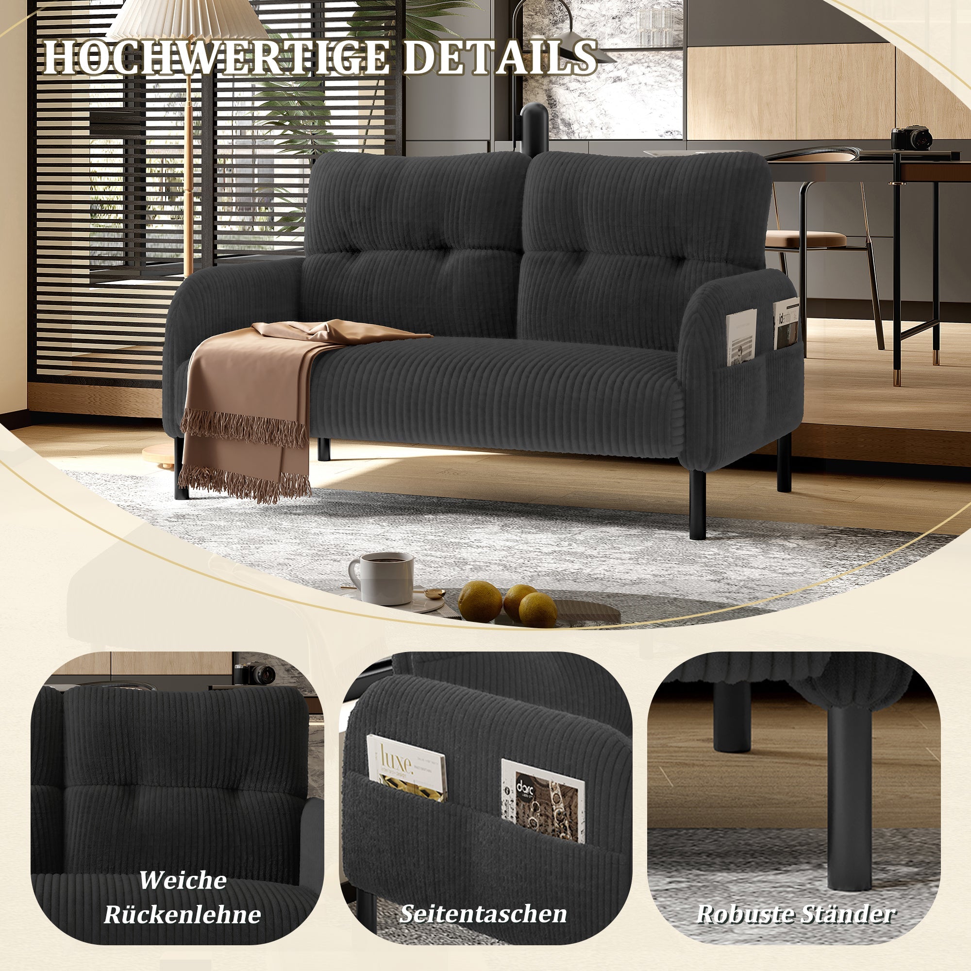 Corduroy Two-Seater Sofa, Comfort Padding High Backrest Side Pockets, Metal Feet