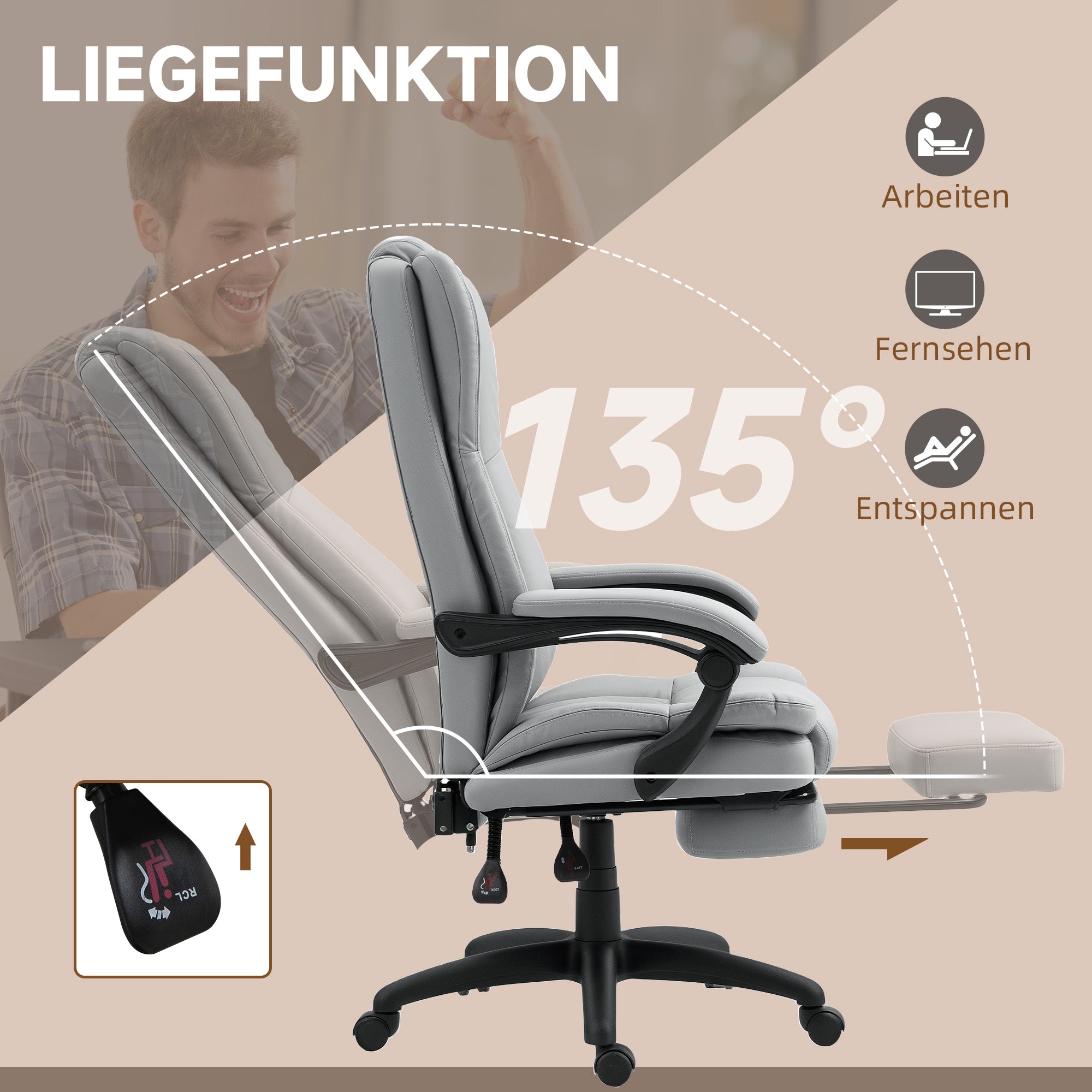 Vinsetto Office Chair, Massage, Reclining, Height-Adjustable, Swivel, Footrest, Faux Leather, Light Grey