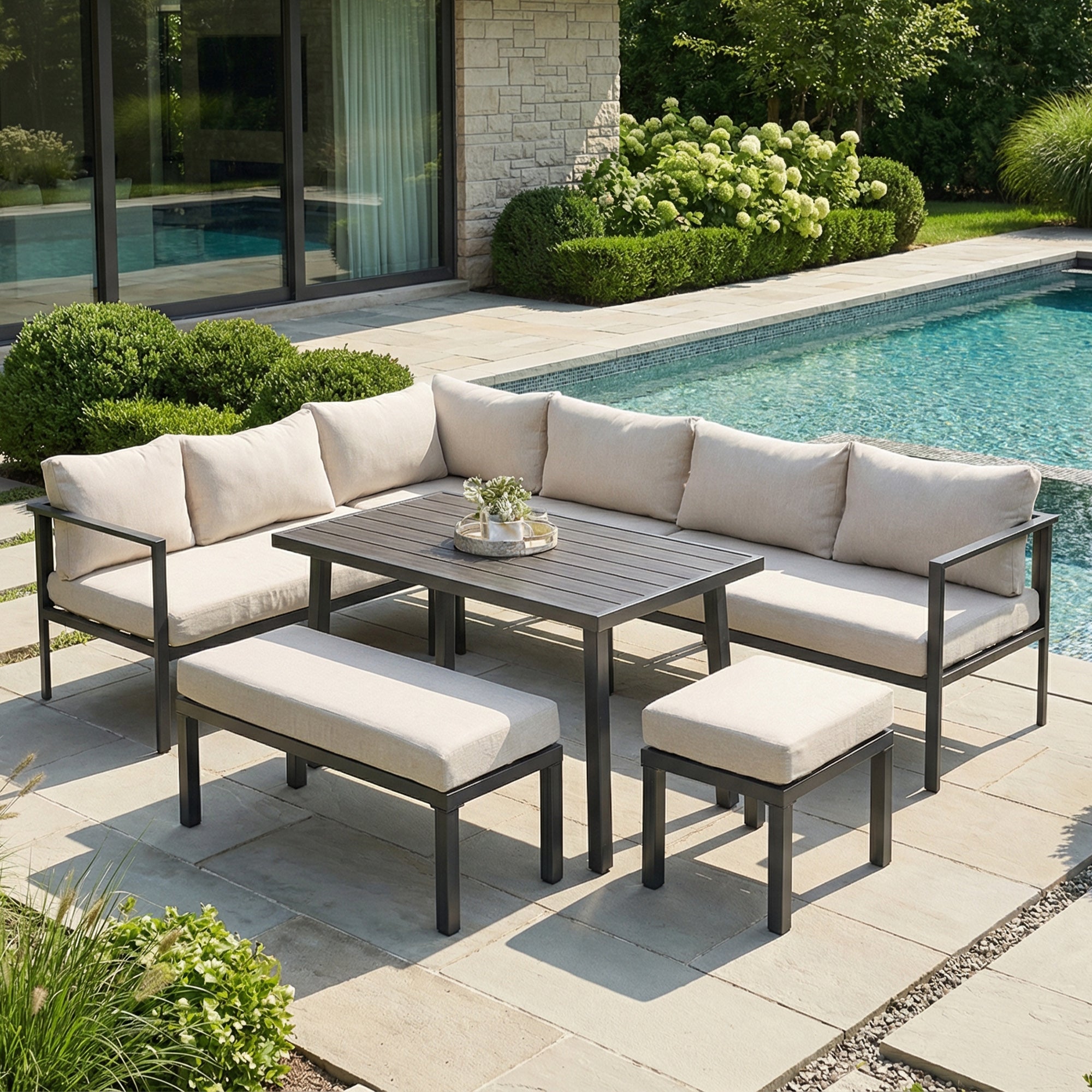 Garden Dining Set, 9-Person Corner Configuration with Table, Benches, Chairs and Sofas, Beige Plastic-Wood Tabletop