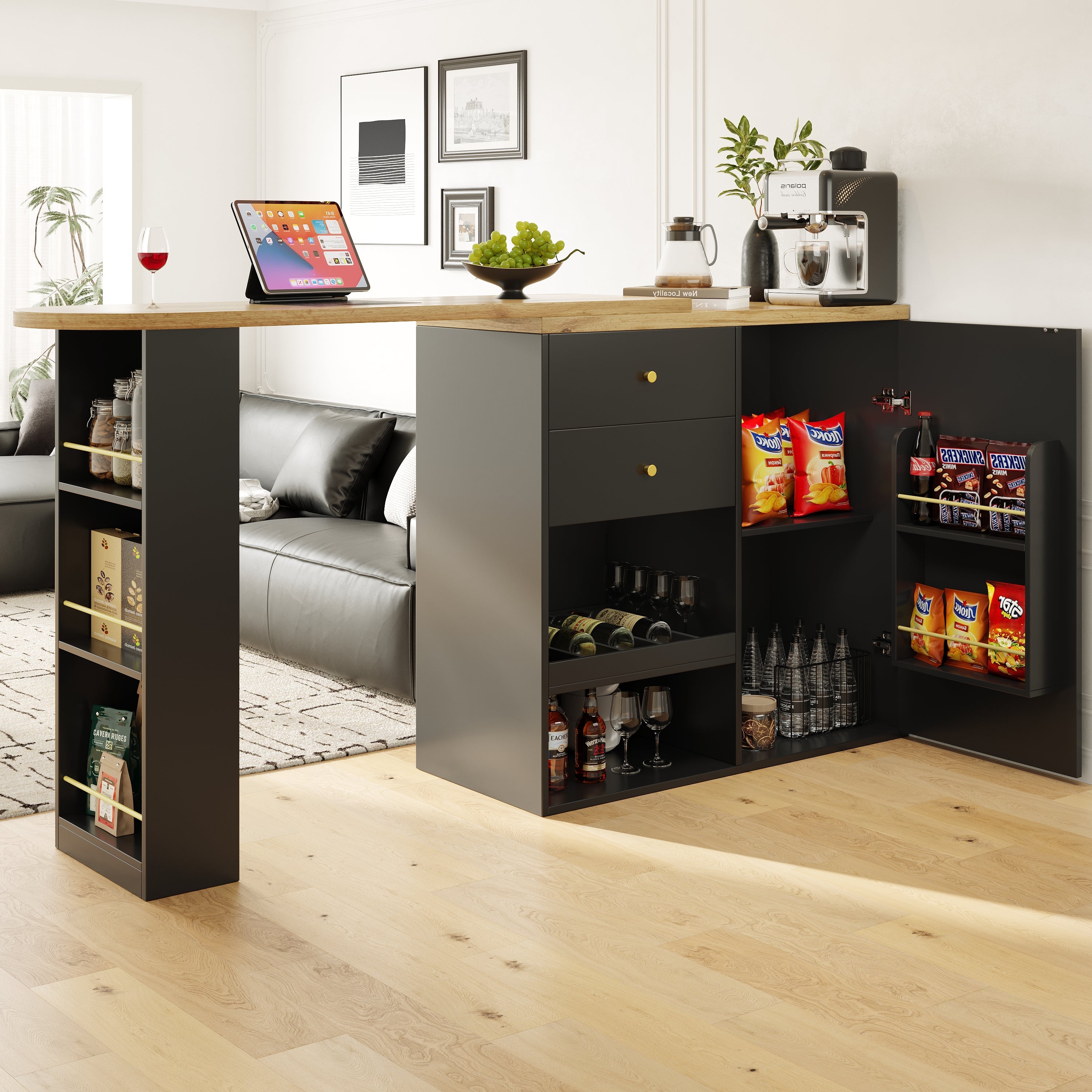 360° Swivelling Bar Table with 2 Drawers, Sliding Door Cabinet & 3 Levels of Open Storage, MDF
