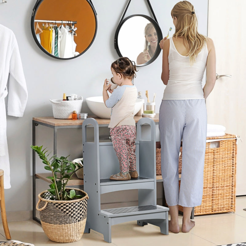 Kids Wooden Step Stool Kitchen Helper with Non-Slip Panels and Handles, Grey