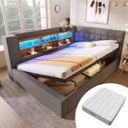 Upholstered Double Bed with LED, Hydraulic Storage, L-Shaped Headboard and Mattress, 140x200cm, Grey Linen Fabric