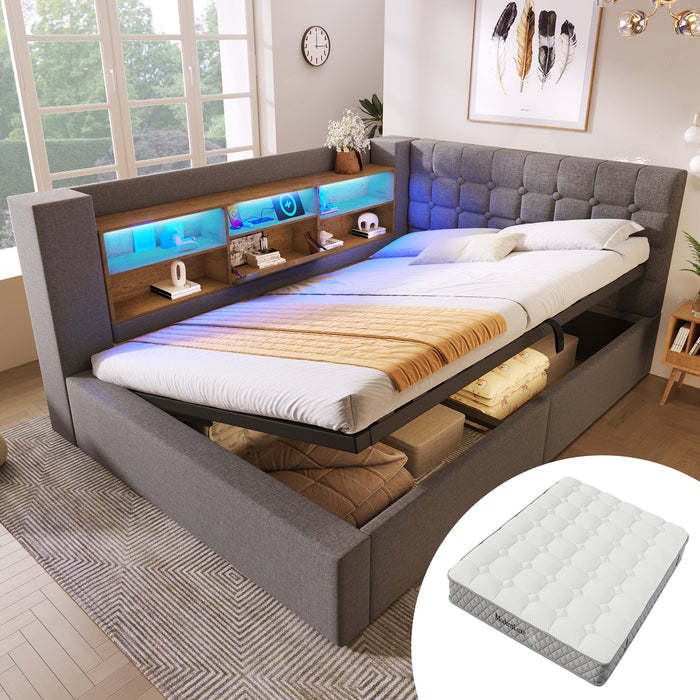 Upholstered Double Bed with LED, Hydraulic Storage, L-Shaped Headboard and Mattress, 140x200cm, Grey Linen Fabric