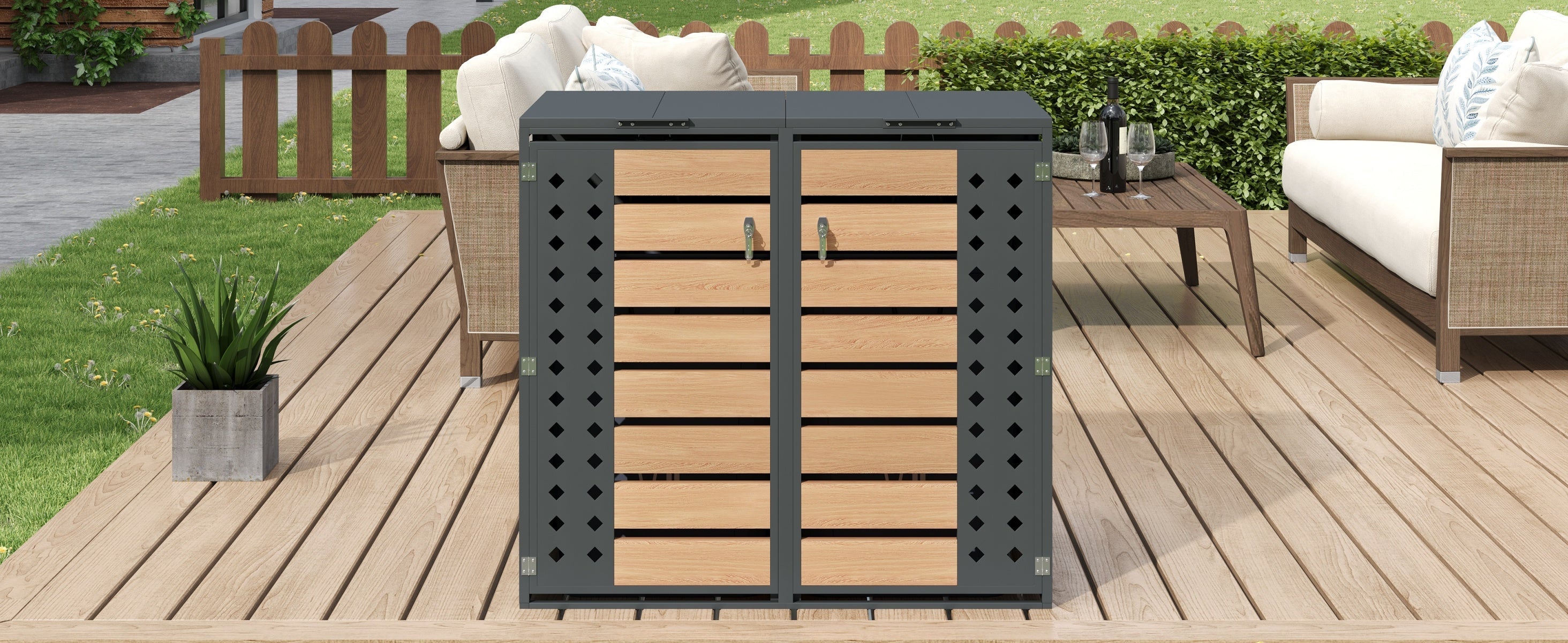 Bin Storage Box with Hinged Lid, Lockable Two Doors and Diamond-Hollow Door Panel