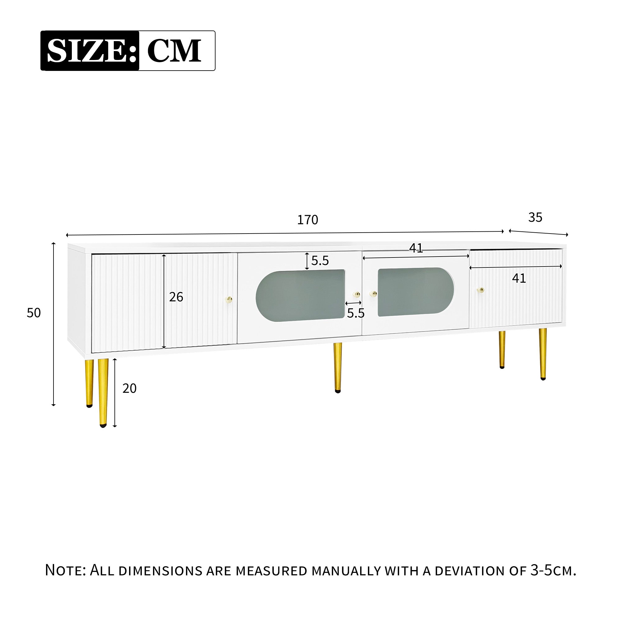 TV Cabinet 170x35x50cm, Golden Legs & Handles, Curved Glass, White
