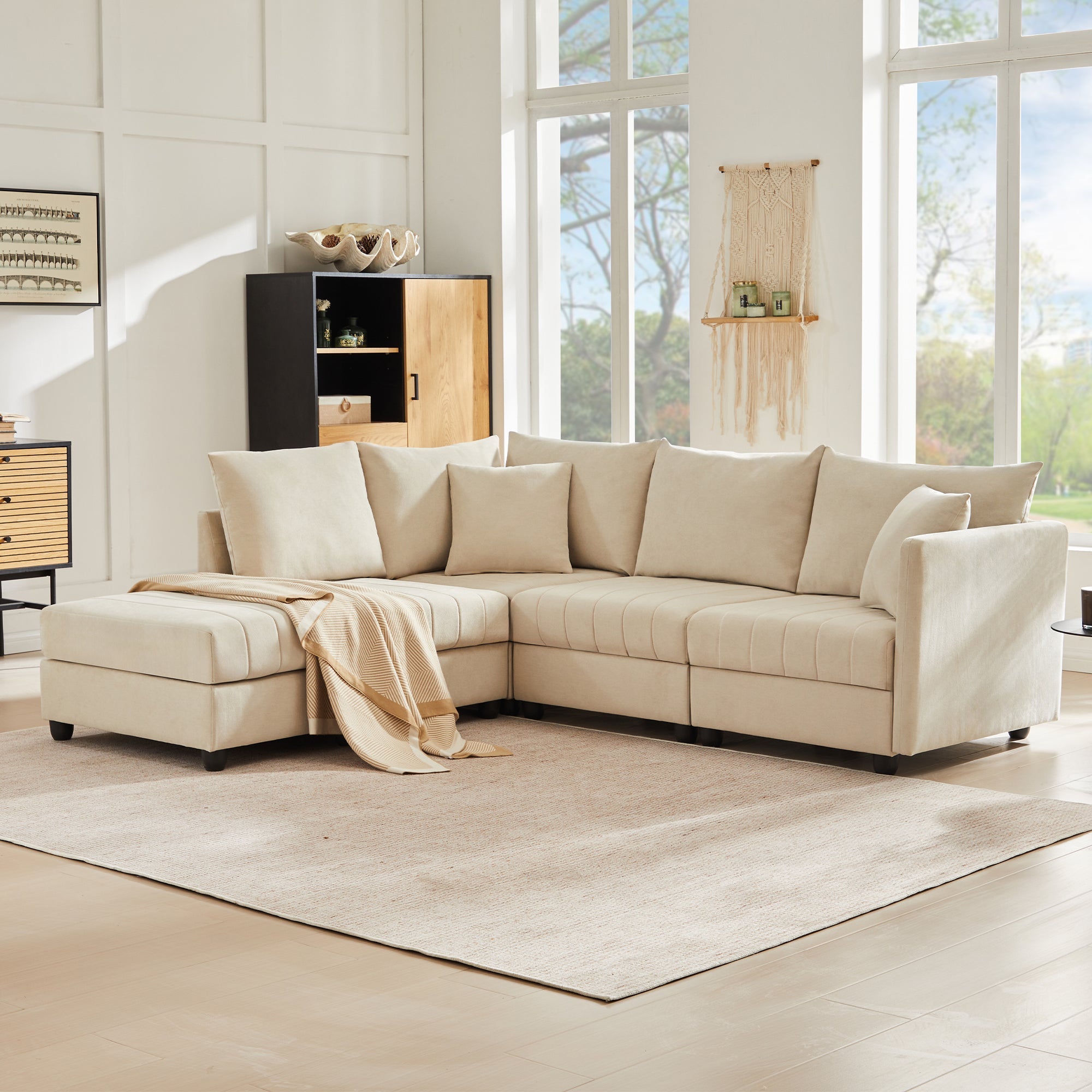 Modular Corner Sofa 5-Seater L/U-Shaped with Convertible Footstool