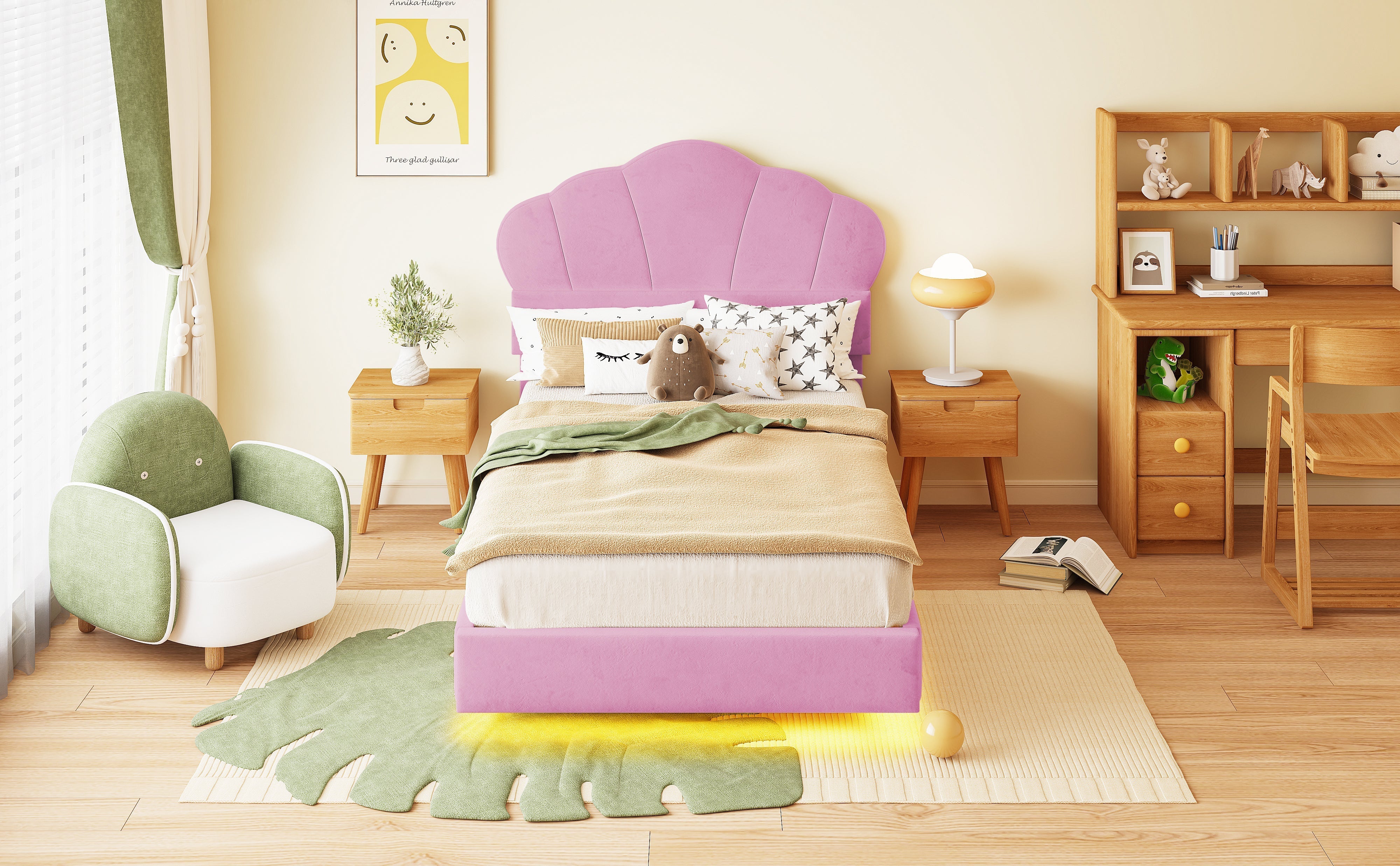 Upholstered Bed 90x200cm LED Cloud Headboard Children's Youth Velvet Pink