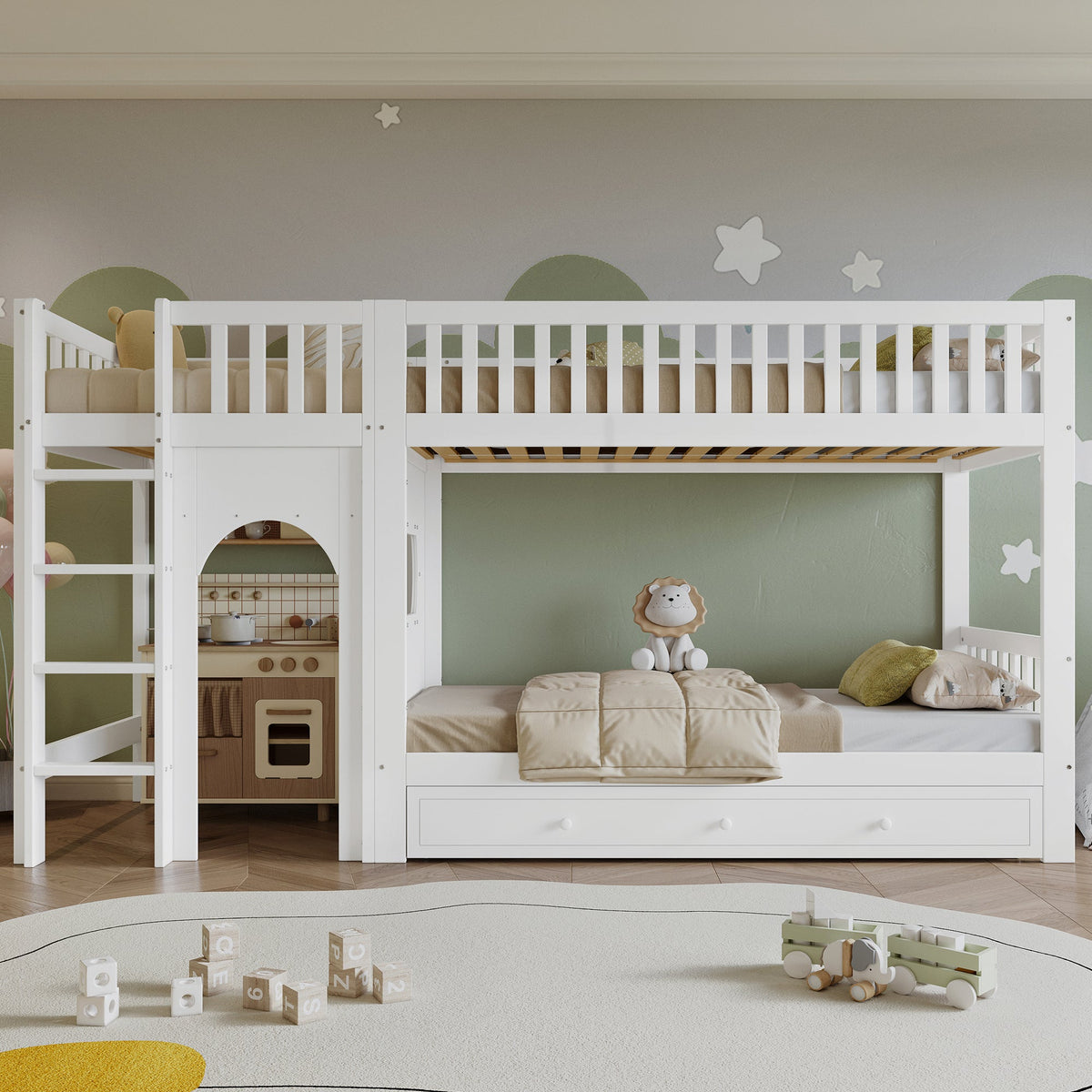 Bunk Bed for Children with Straight Ladder and Safety Railings, 90x200cm, White Pine + MDF