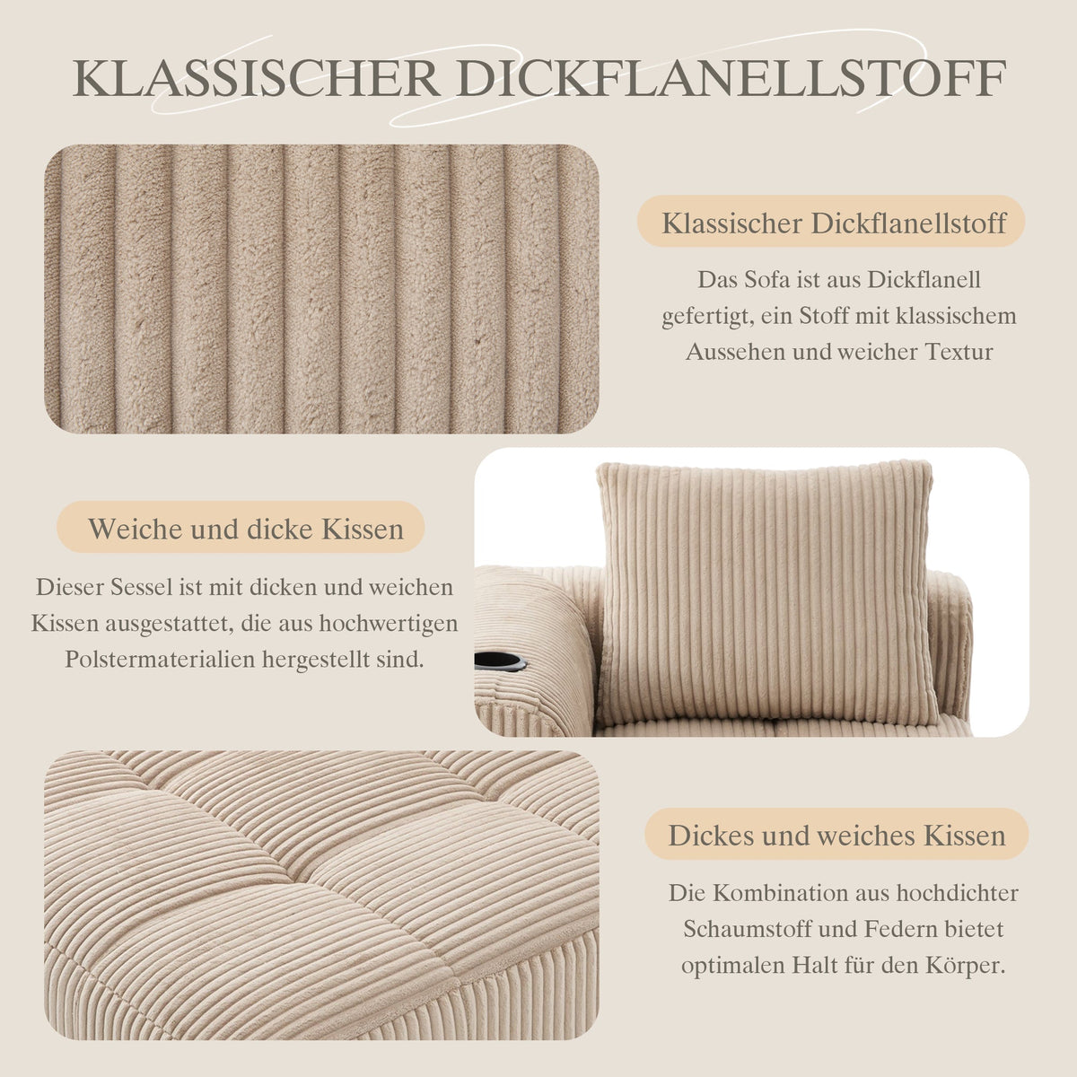 Recliner Sofa Cozy with Side Pocket Drink Holder - Corduroy